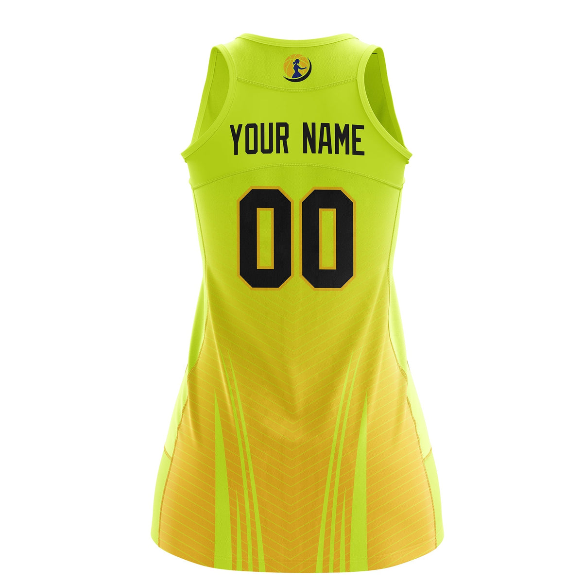 Custom Women Netball Dress | Fluorescent Green Gold V-Shaped Pinstripes Gradient Team Uniform
