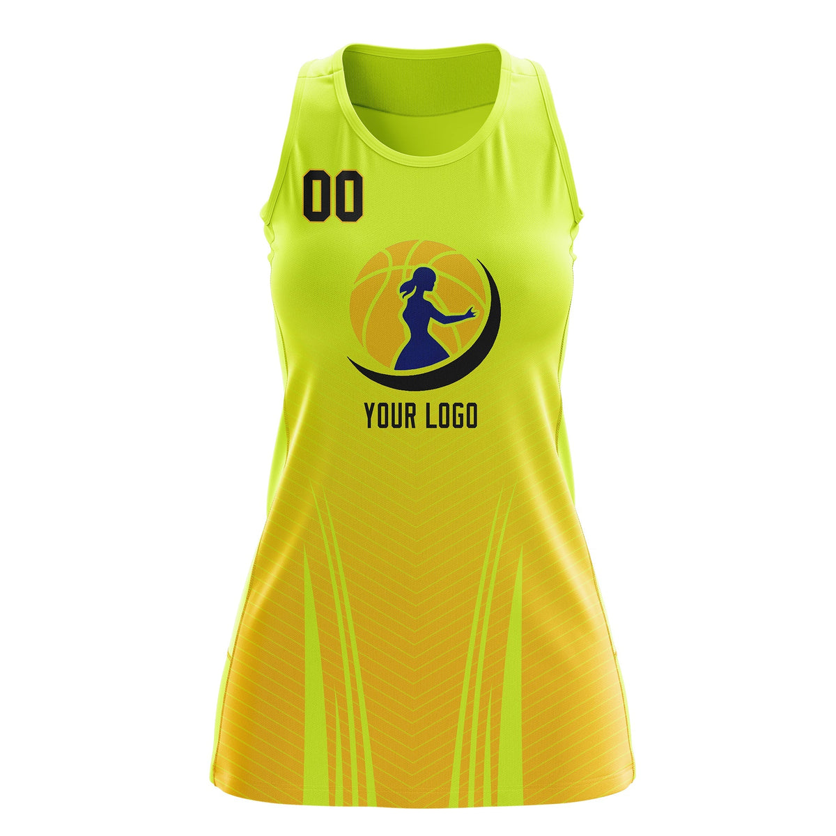 Custom Women Netball Dress | Fluorescent Green Gold V-Shaped Pinstripes Gradient Team Uniform