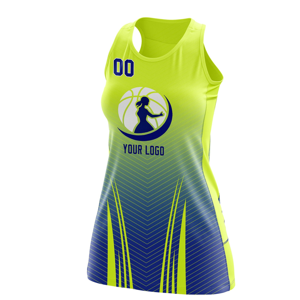 Custom Women Netball Dress | Fluorescent Green Royal Blue V-Shaped Pinstripes Gradient Uniform with Logo