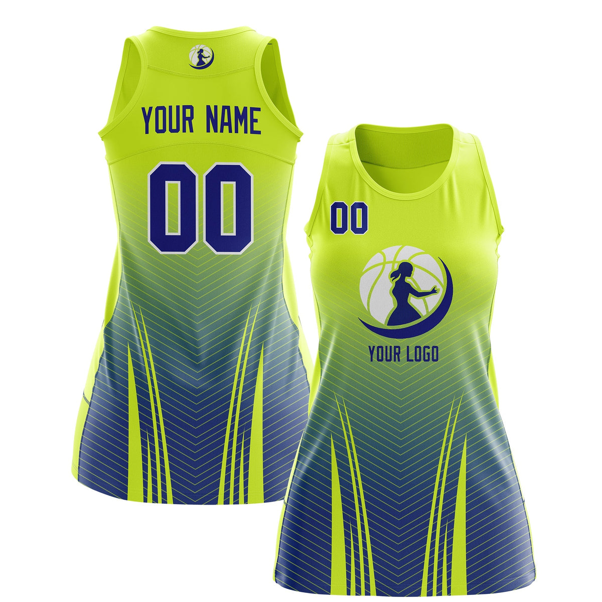 Custom Women Netball Dress | Fluorescent Green Royal Blue V-Shaped Pinstripes Gradient Uniform with Logo