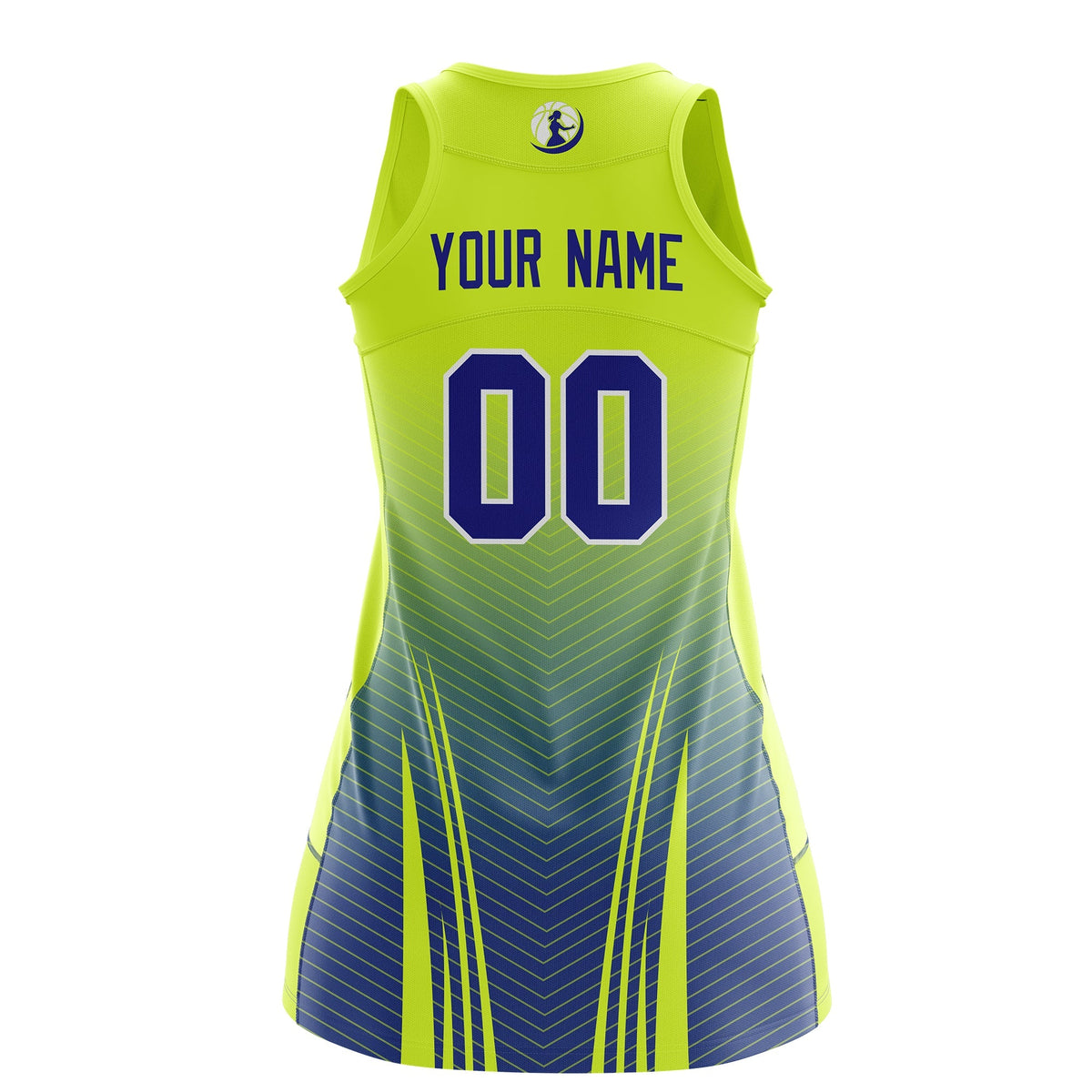 Custom Women Netball Dress | Fluorescent Green Royal Blue V-Shaped Pinstripes Gradient Uniform with Logo