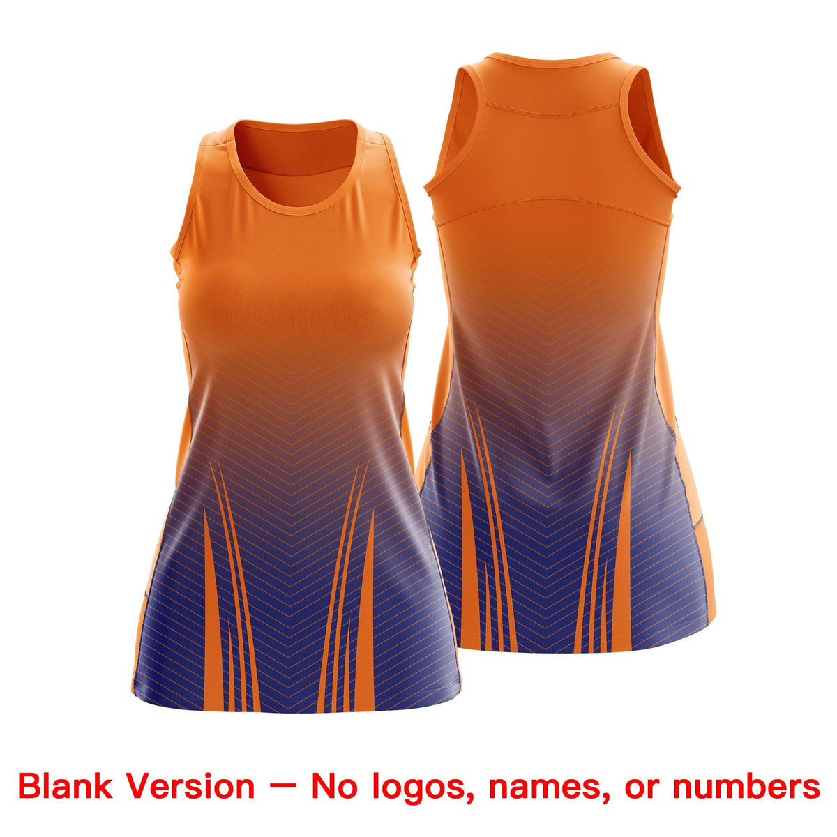Custom Netball Dress | Orange Royal Blue for Women with V-Shaped Pinstripes Personalized Uniform