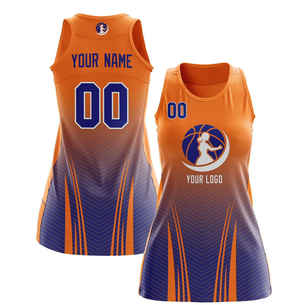 Custom Netball Dress | Orange Royal Blue for Women with V-Shaped Pinstripes Personalized Uniform