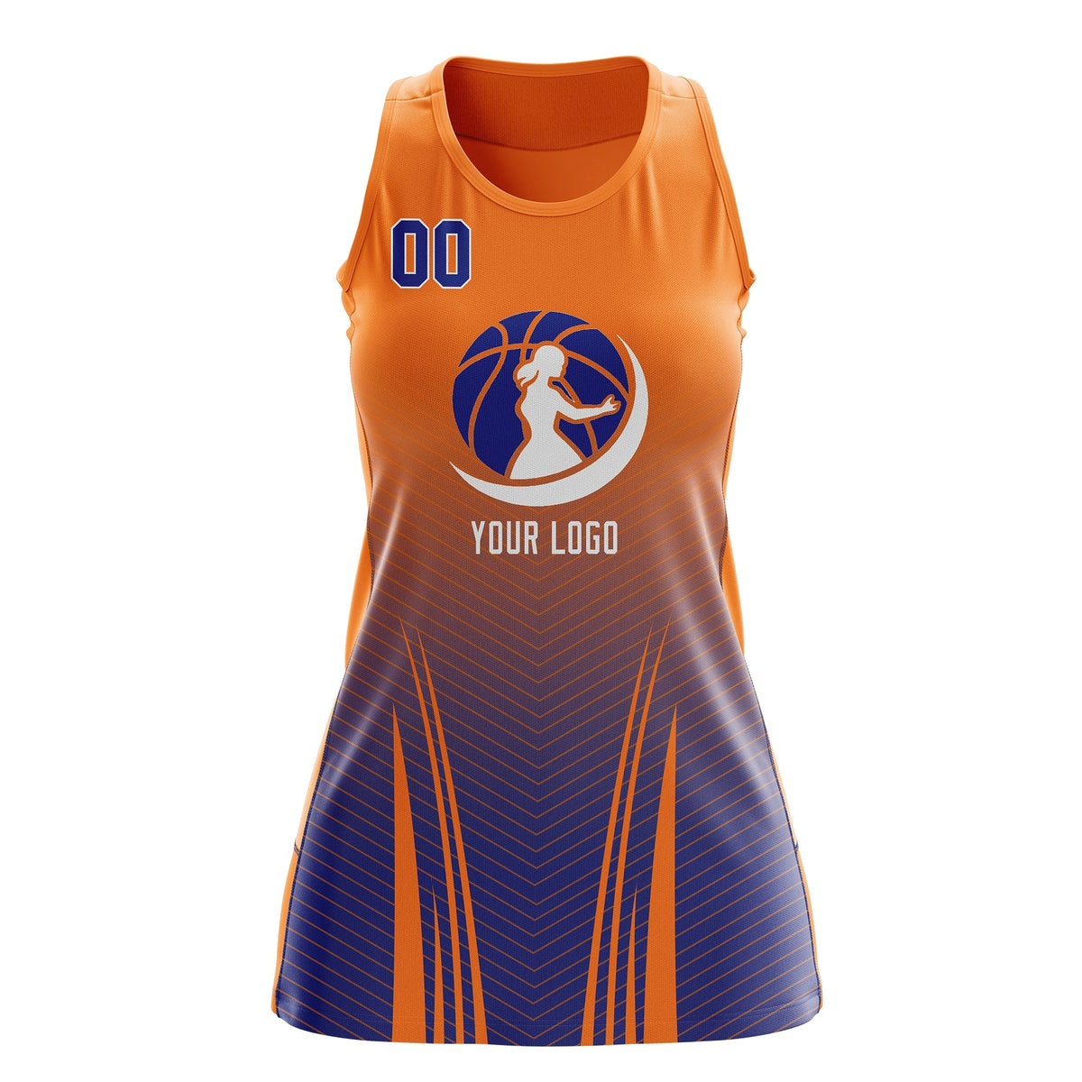 Custom Netball Dress | Orange Royal Blue for Women with V-Shaped Pinstripes Personalized Uniform