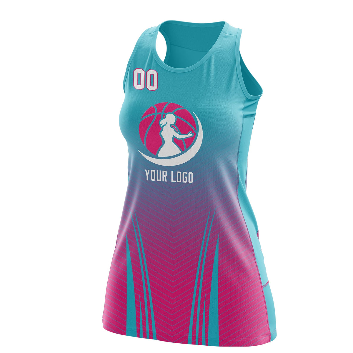 Custom Women Netball Dress | Aqua Rose Red V-Shaped Pinstripes Gradient Team Uniform