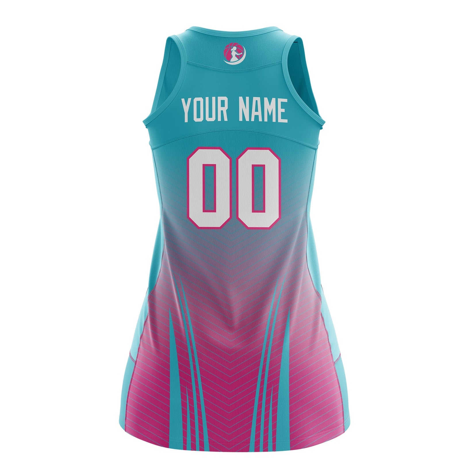 Custom Women Netball Dress | Aqua Rose Red V-Shaped Pinstripes Gradient Team Uniform