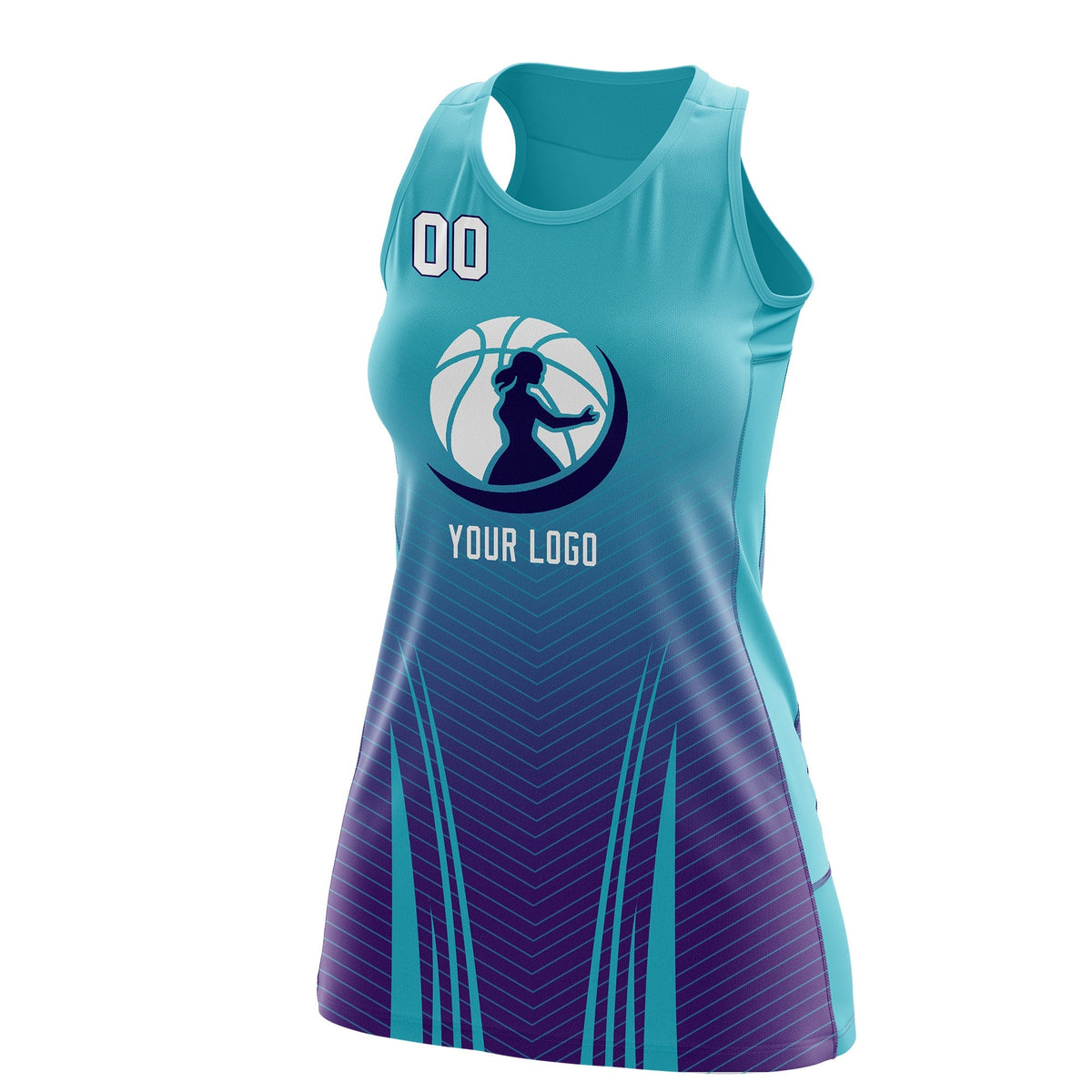 Custom Women Netball Dress | Aqua Purple V-Shaped Pinstripes Gradient Uniform with Logo