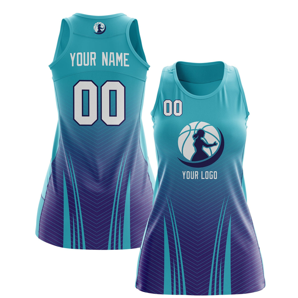 Custom Women Netball Dress | Aqua Purple V-Shaped Pinstripes Gradient Uniform with Logo