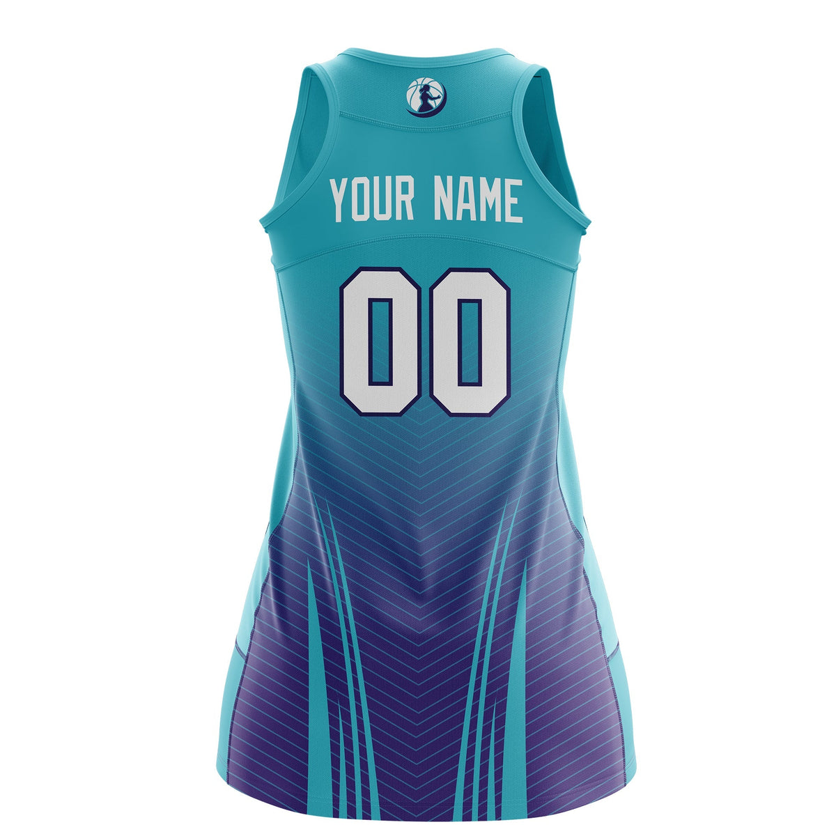 Custom Women Netball Dress | Aqua Purple V-Shaped Pinstripes Gradient Uniform with Logo