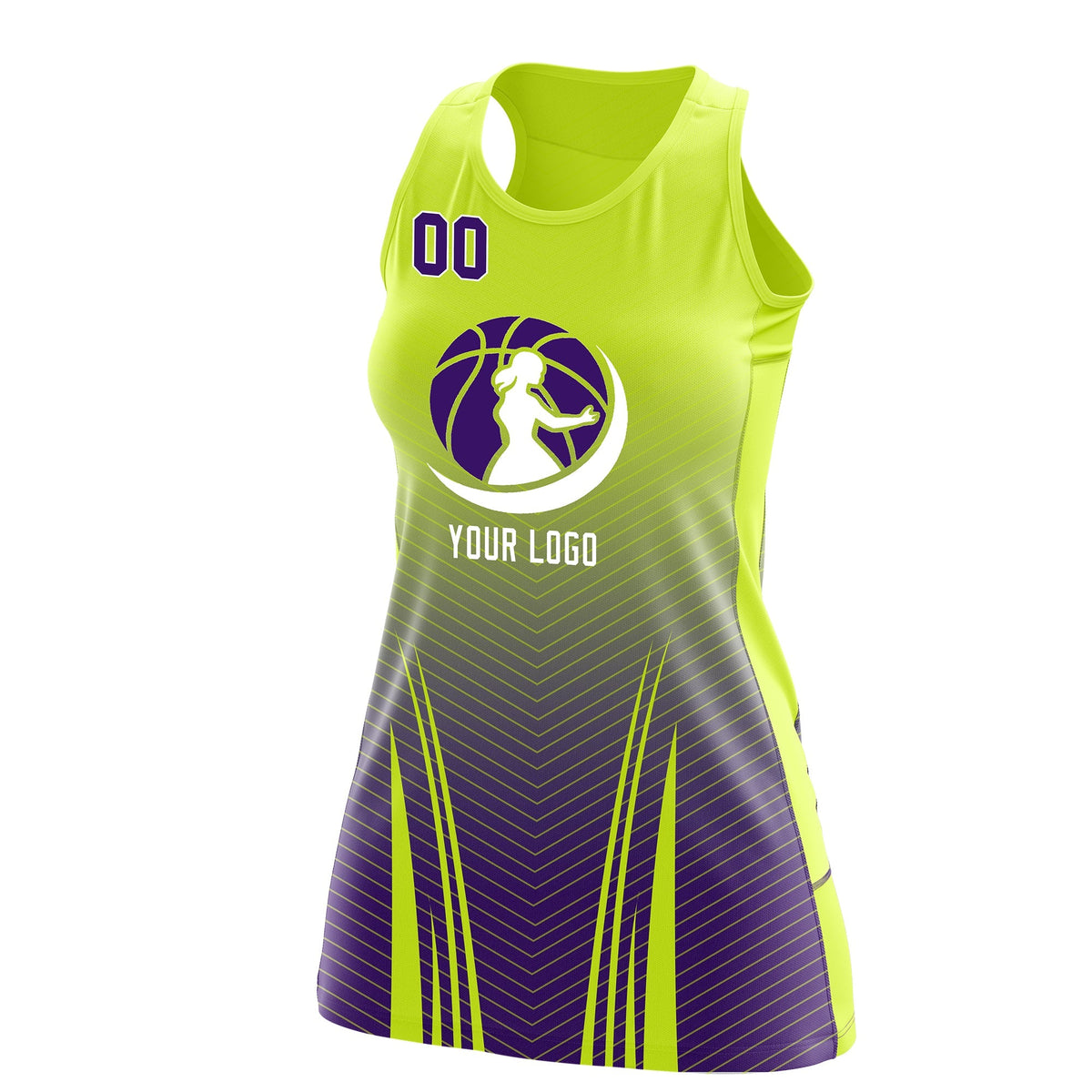Custom Netball Dress | Fluorescent Green Purple for Women with V-Shaped Pinstripes Personalized Uniform