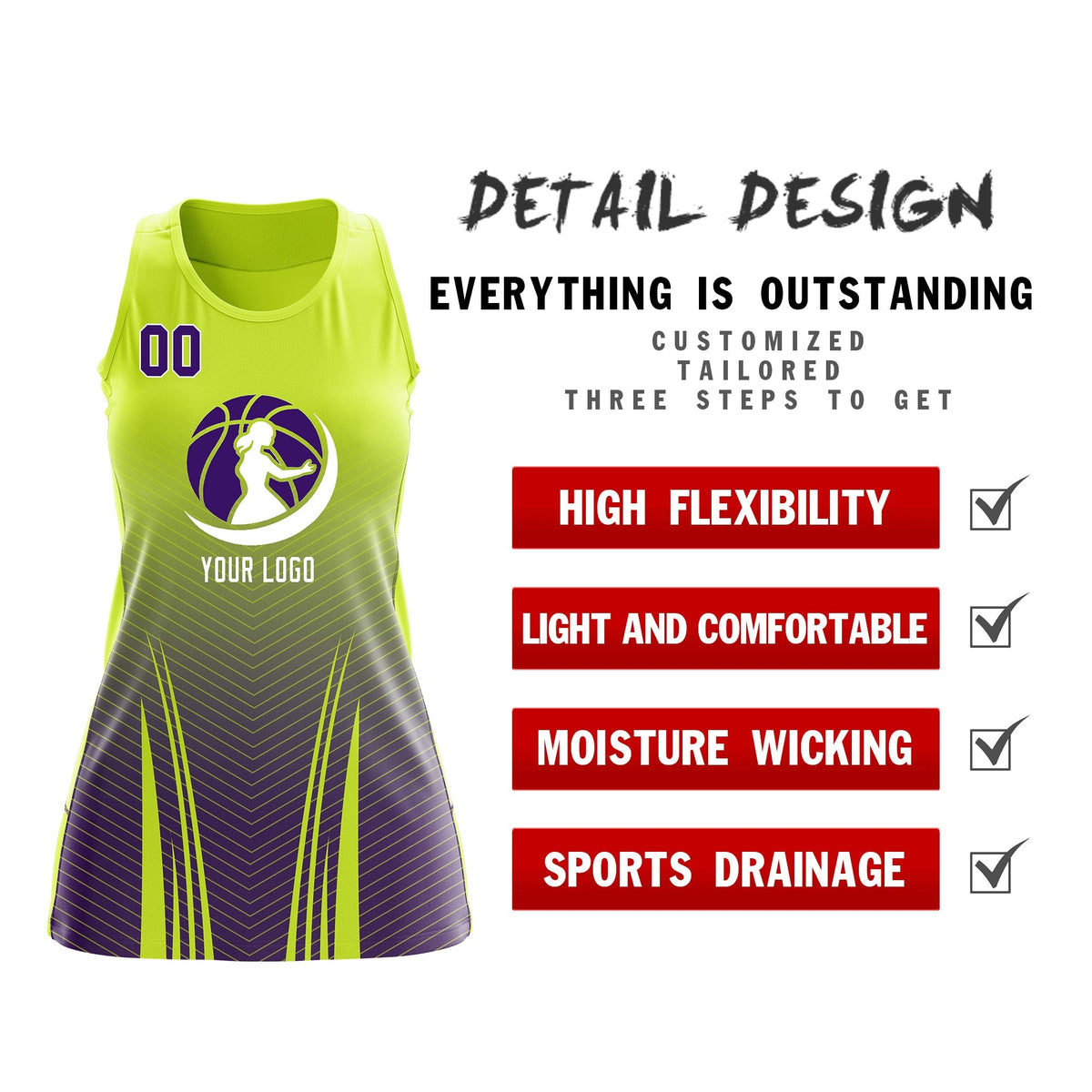 Custom Netball Dress | Fluorescent Green Purple for Women with V-Shaped Pinstripes Personalized Uniform