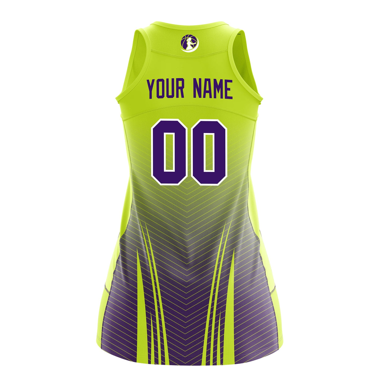 Custom Netball Dress | Fluorescent Green Purple for Women with V-Shaped Pinstripes Personalized Uniform