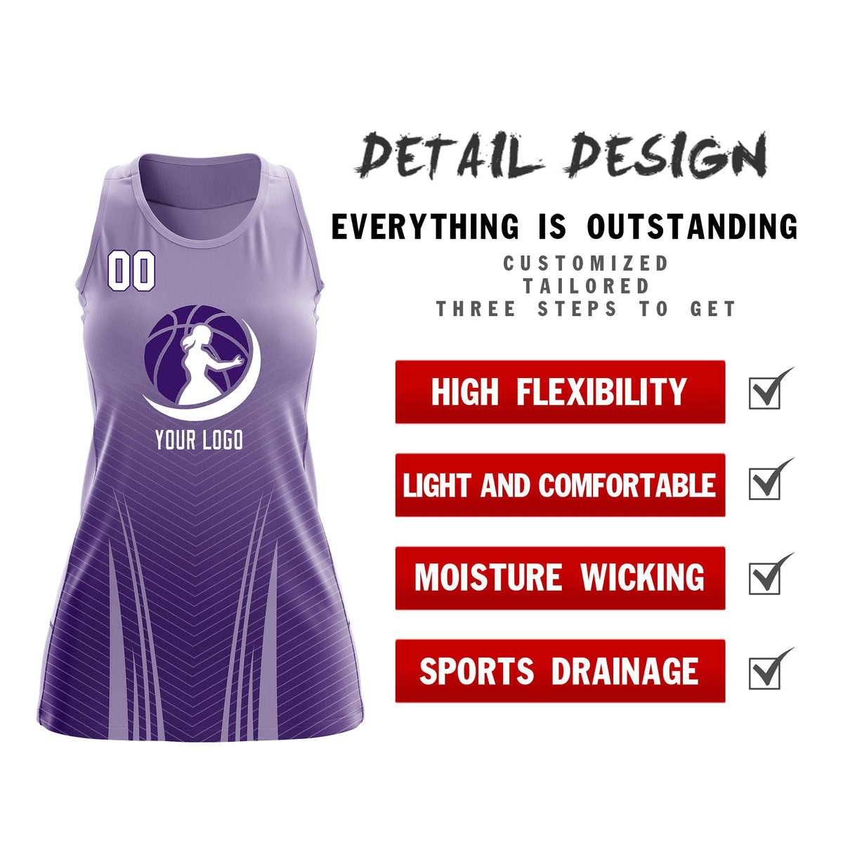 Custom Women Netball Dress | Light Purple Purple V-Shaped Pinstripes Gradient Team Uniform