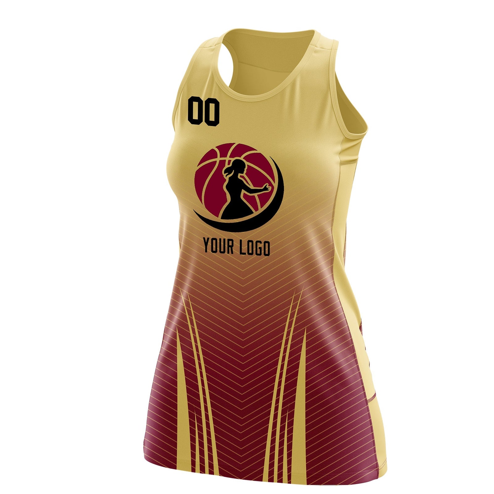 Custom Women Netball Dress | Khaki Crimson V-Shaped Pinstripes Gradient Uniform with Logo