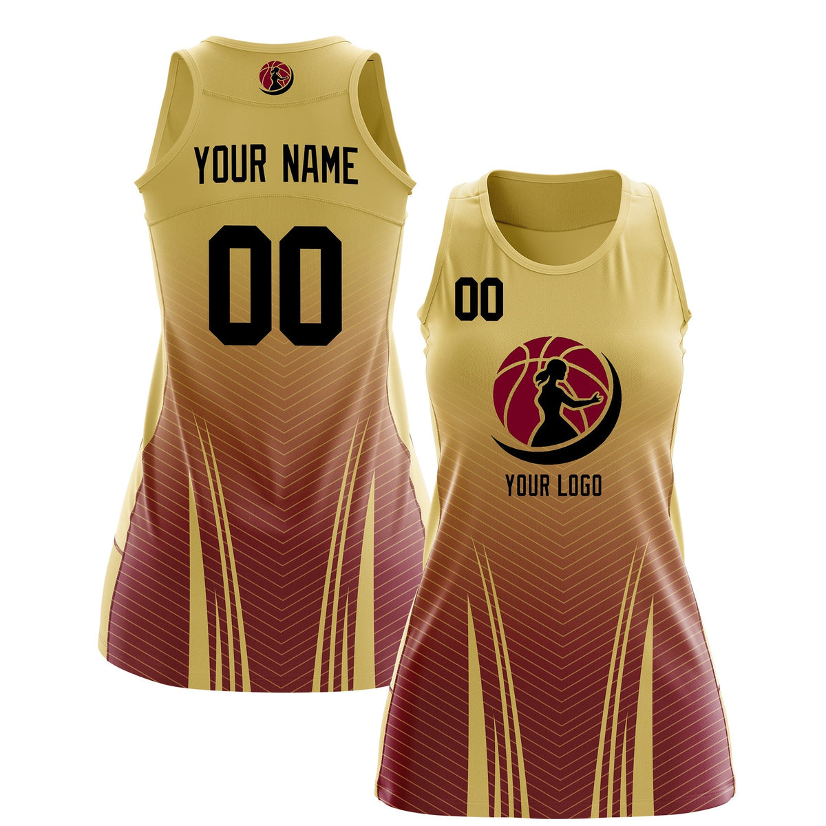 Custom Women Netball Dress | Khaki Crimson V-Shaped Pinstripes Gradient Uniform with Logo