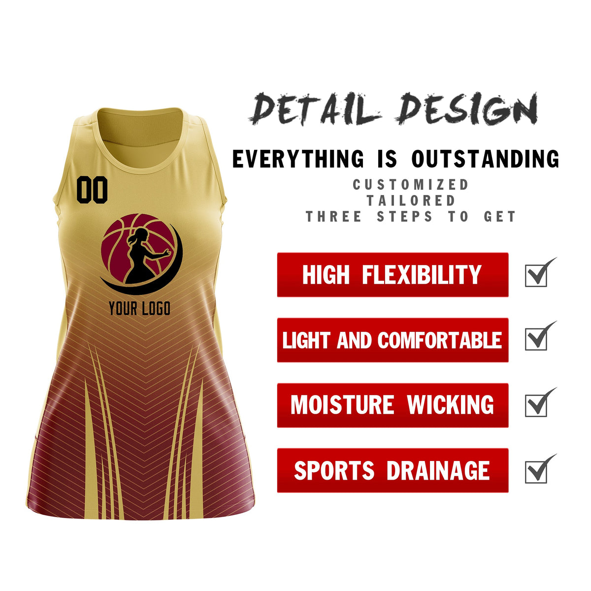 Custom Women Netball Dress | Khaki Crimson V-Shaped Pinstripes Gradient Uniform with Logo