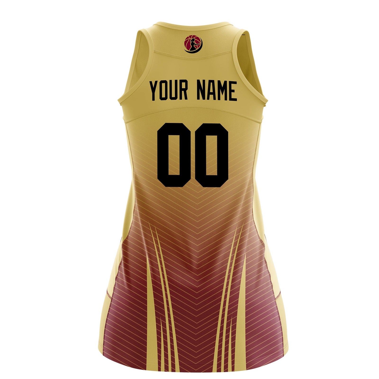 Custom Women Netball Dress | Khaki Crimson V-Shaped Pinstripes Gradient Uniform with Logo
