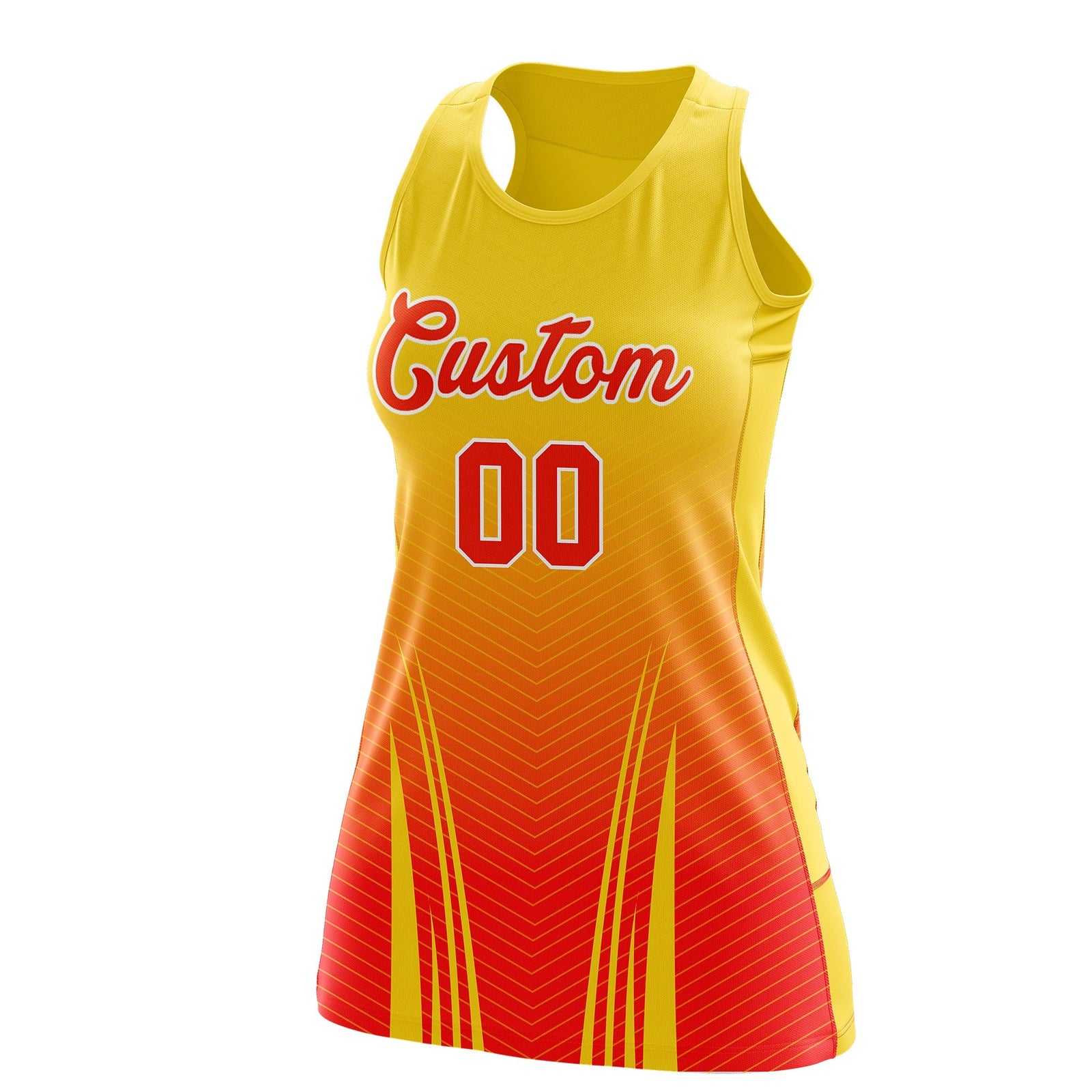 Custom Women Netball Dress | Gold Orange V-Shaped Pinstripes Uniform with Name & Number