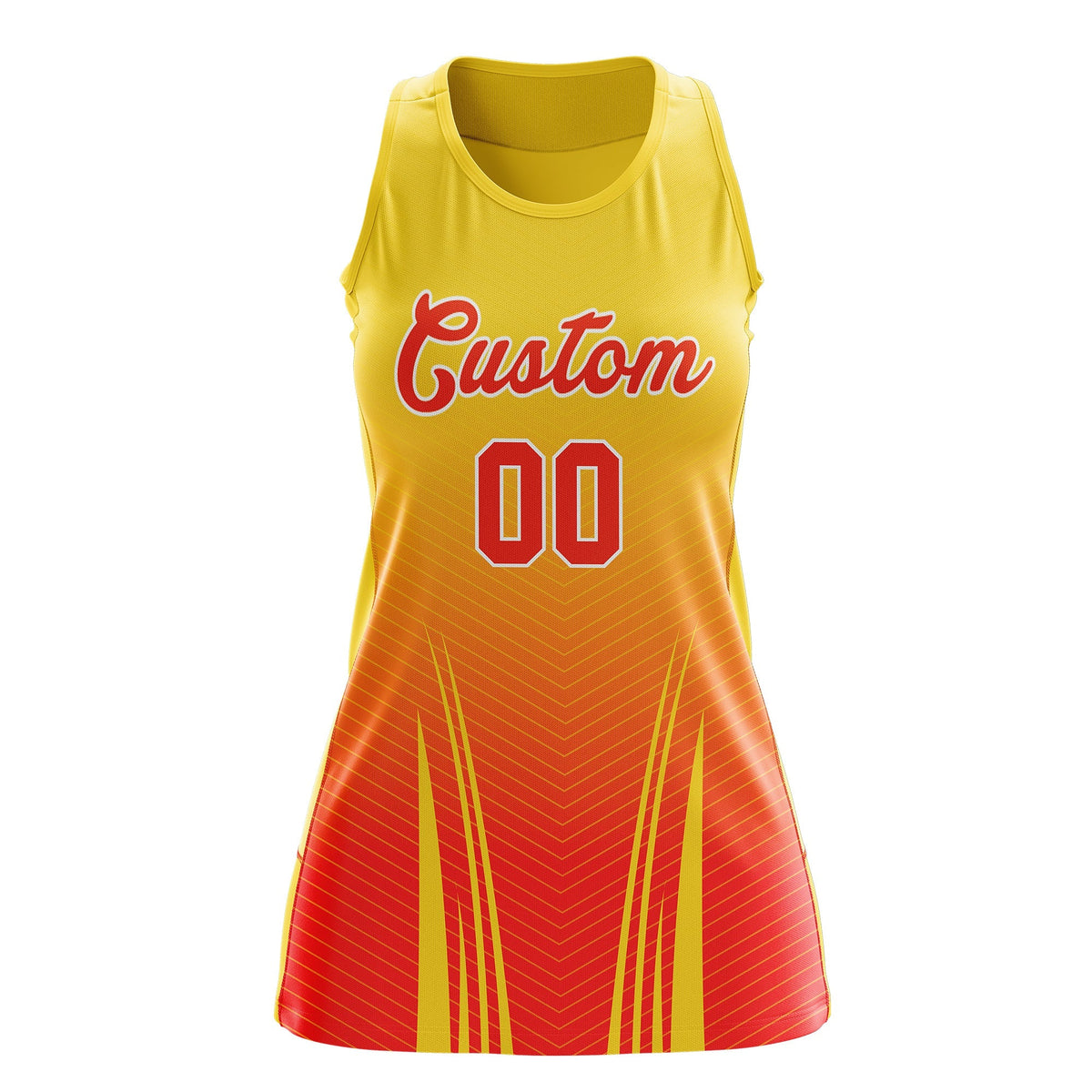 Custom Women Netball Dress | Gold Orange V-Shaped Pinstripes Uniform with Name &amp; Number