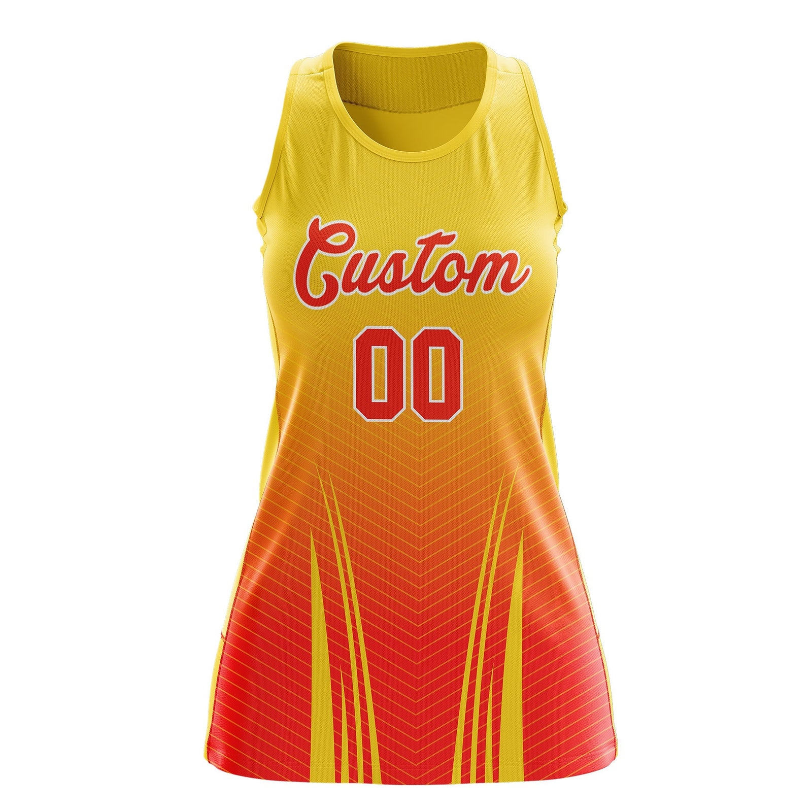 Custom Women Netball Dress | Gold Orange V-Shaped Pinstripes Uniform with Name & Number