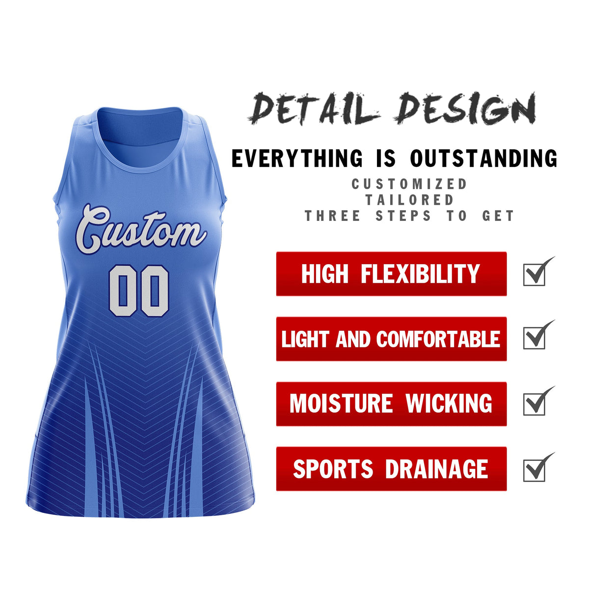 Custom Netball Dress | Light Blue Royal Blue V-Shaped Pinstripes Gradient Team Uniform