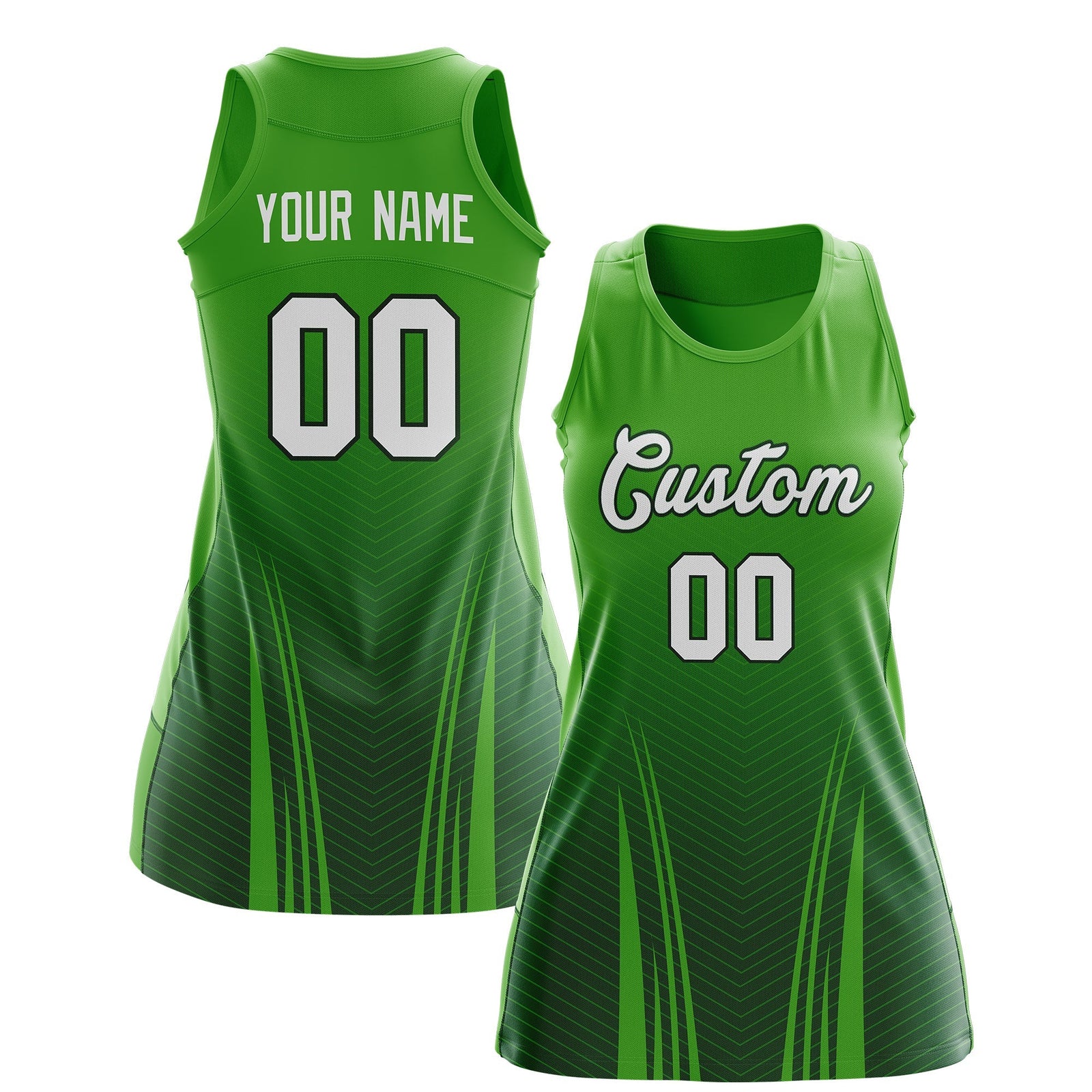 Custom Netball Dress Light Green Green for Women with V-Shaped Pinstripes Personalized Team Uniform