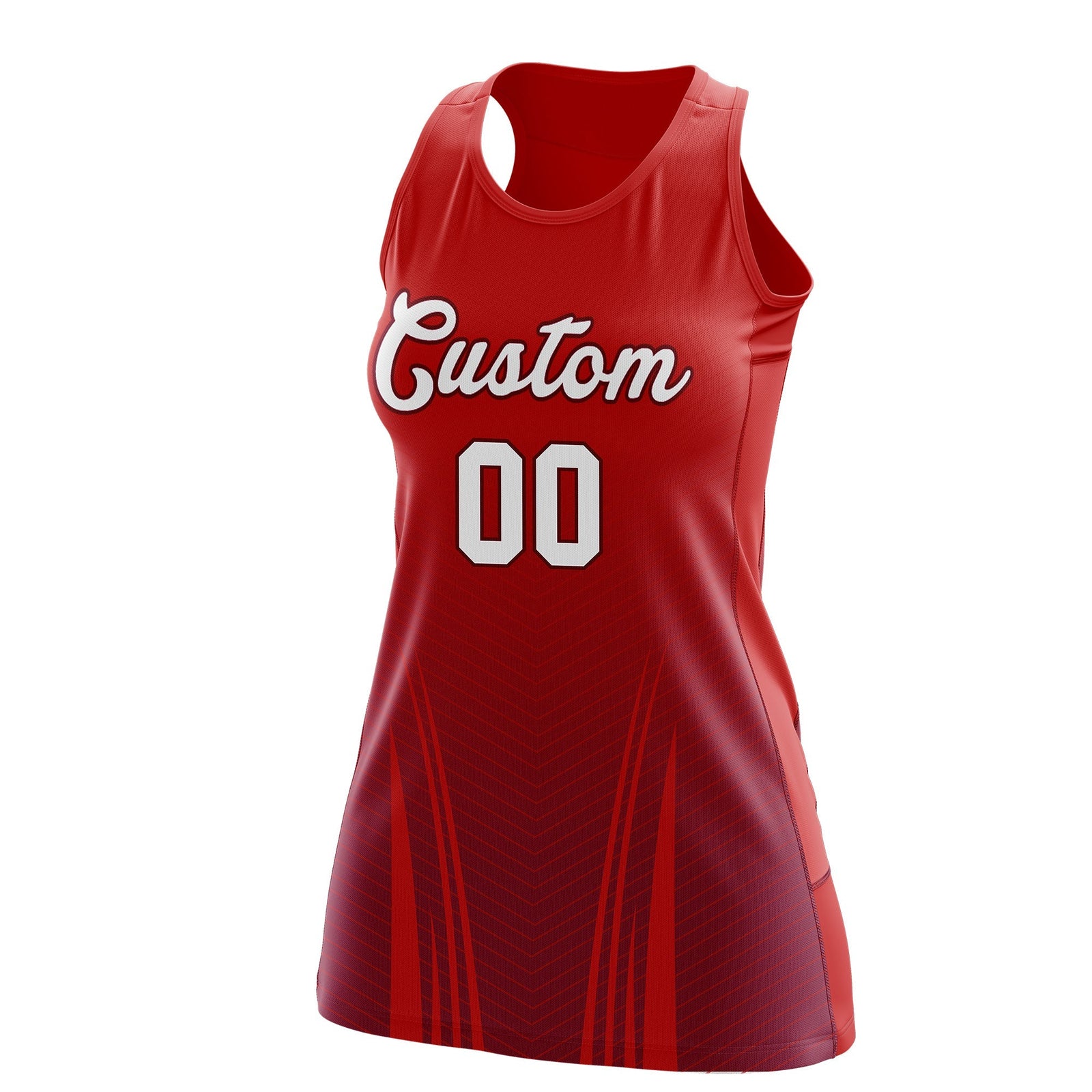 Custom Women Netball Dress | Red Crimson V-Shaped Pinstripes Uniform with Name & Number