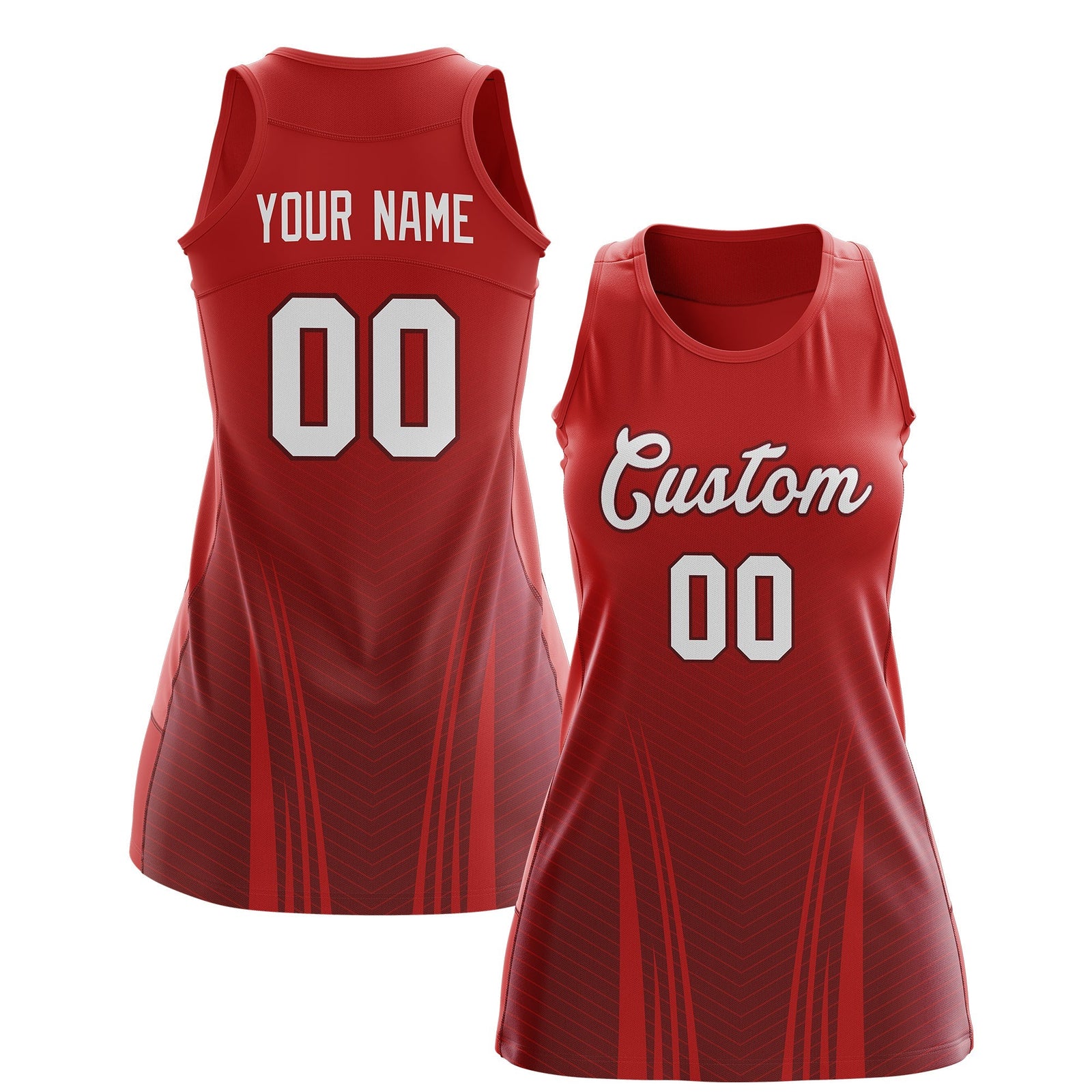 Custom Women Netball Dress | Red Crimson V-Shaped Pinstripes Uniform with Name & Number