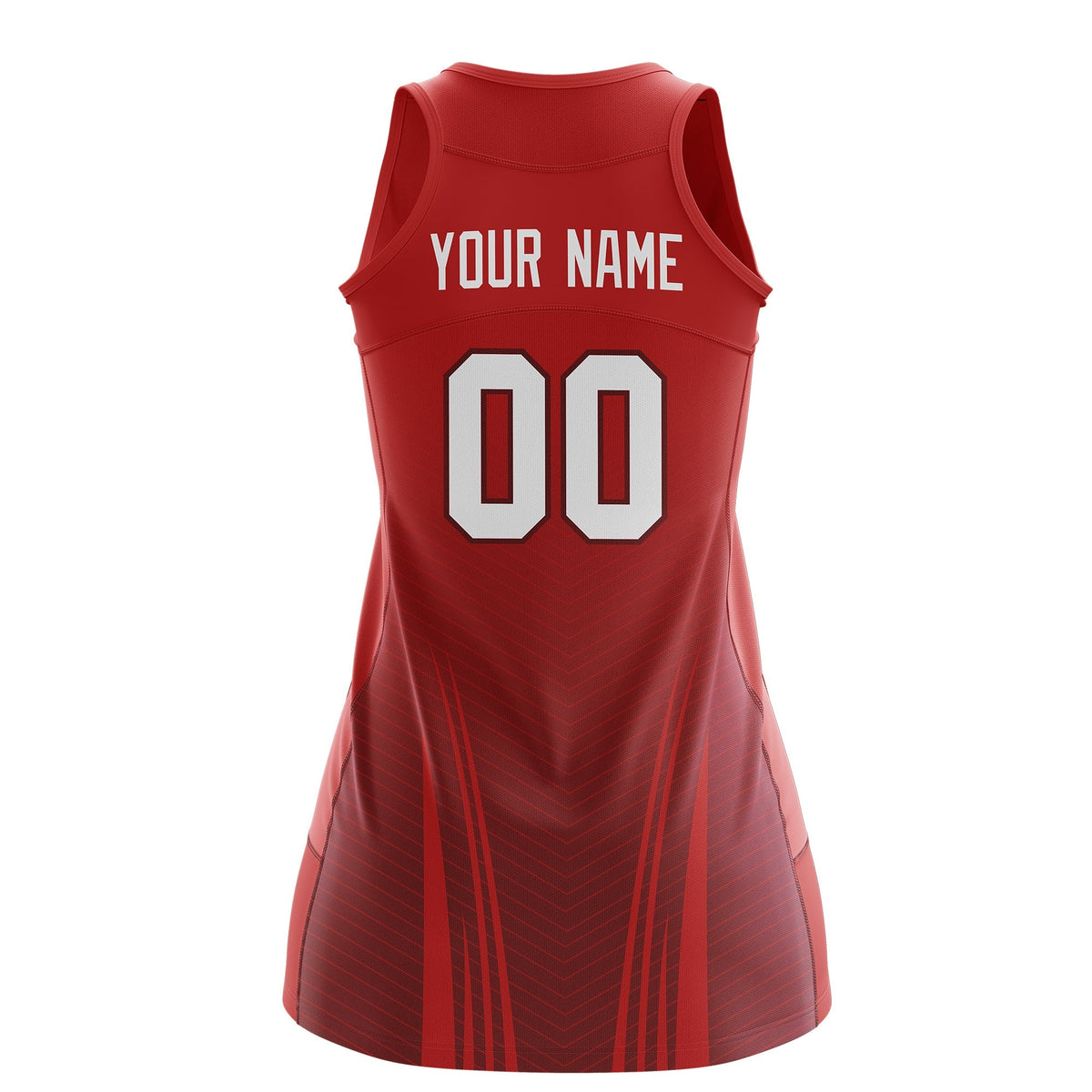 Custom Women Netball Dress | Red Crimson V-Shaped Pinstripes Uniform with Name &amp; Number