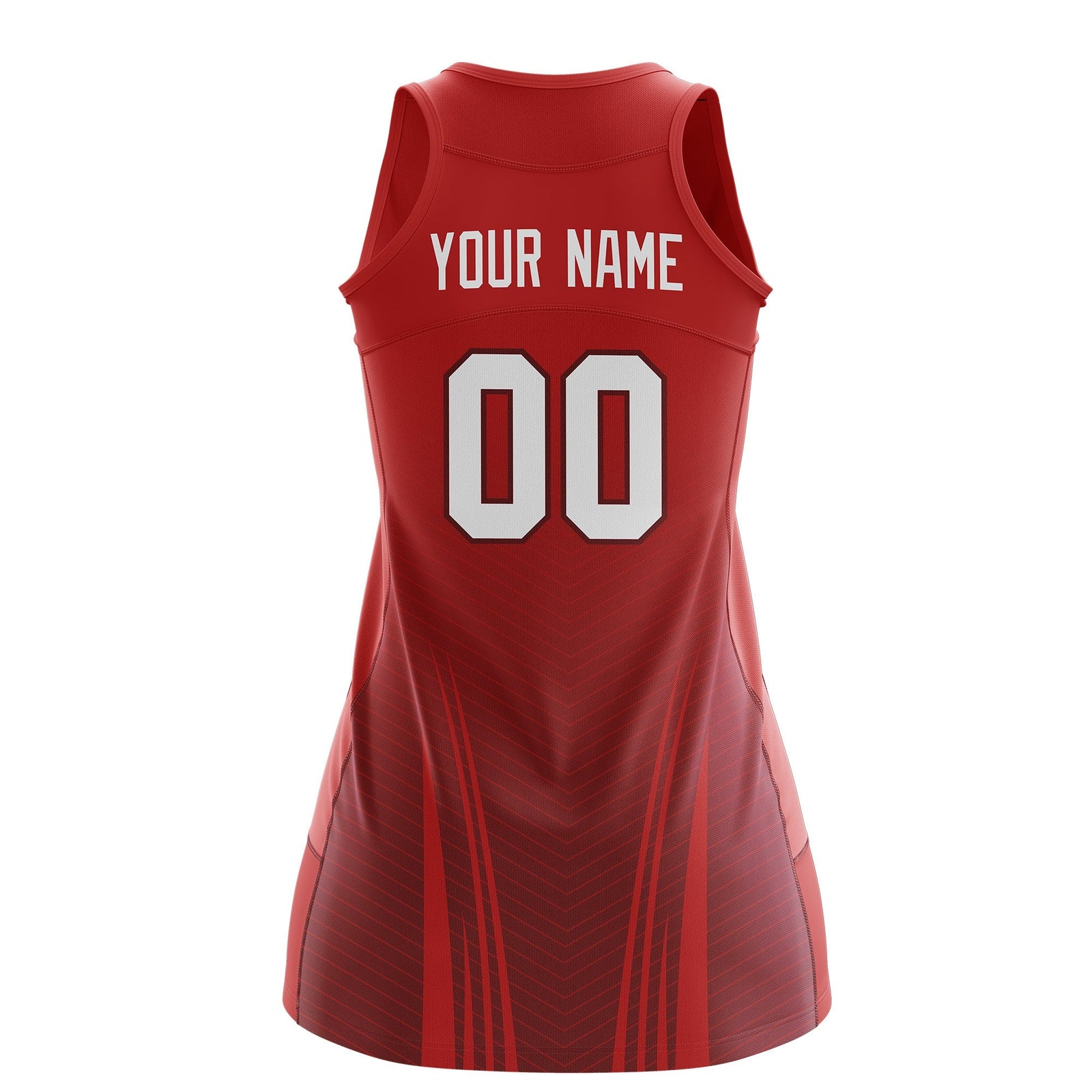 Custom Women Netball Dress | Red Crimson V-Shaped Pinstripes Uniform with Name & Number