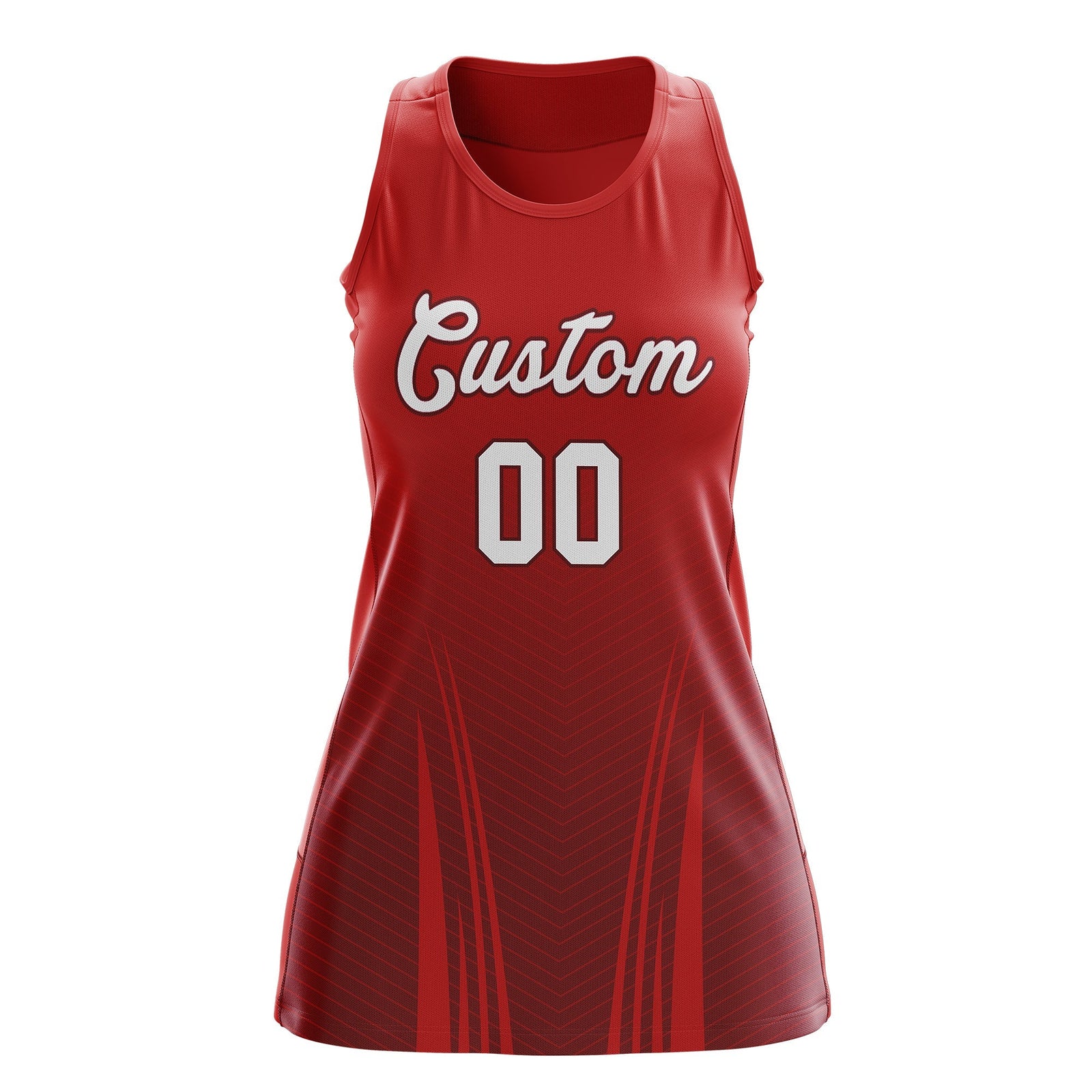 Custom Women Netball Dress | Red Crimson V-Shaped Pinstripes Uniform with Name & Number