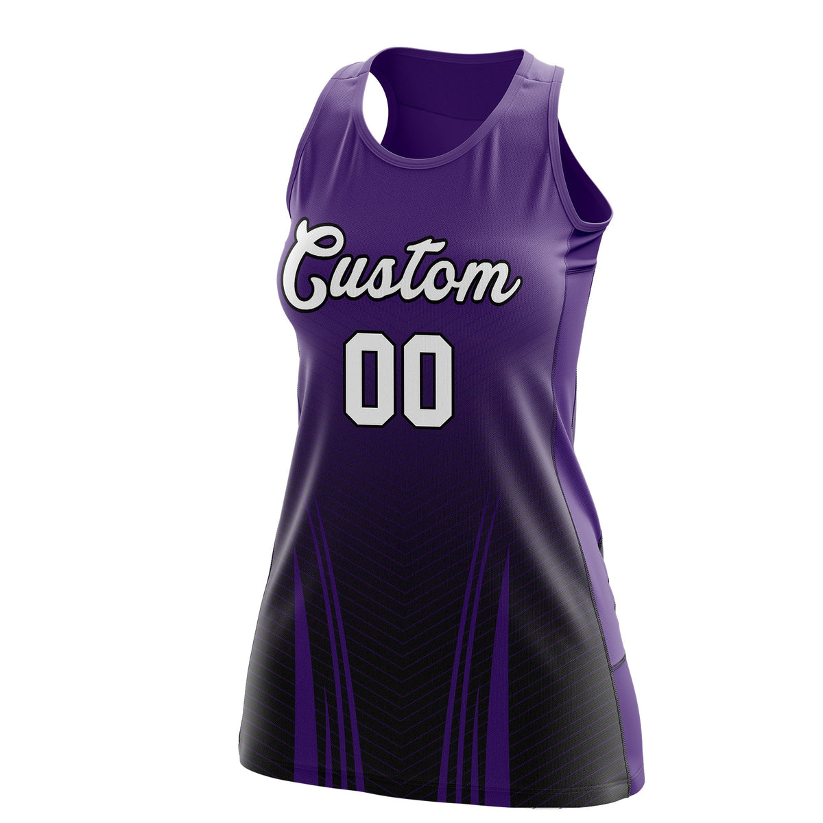 Custom Netball Dress | Purple Black V-Shaped Pinstripes Gradient Team Uniform