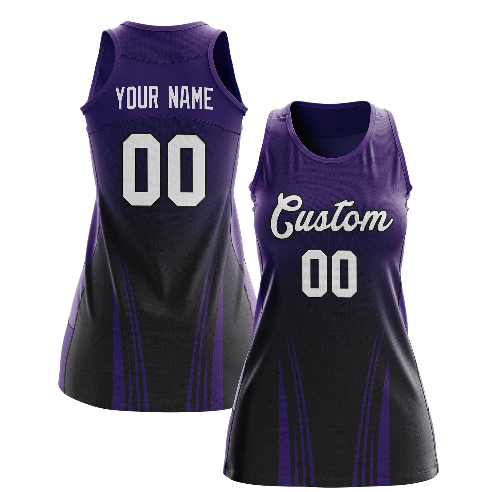 Custom Netball Dress | Purple Black V-Shaped Pinstripes Gradient Team Uniform