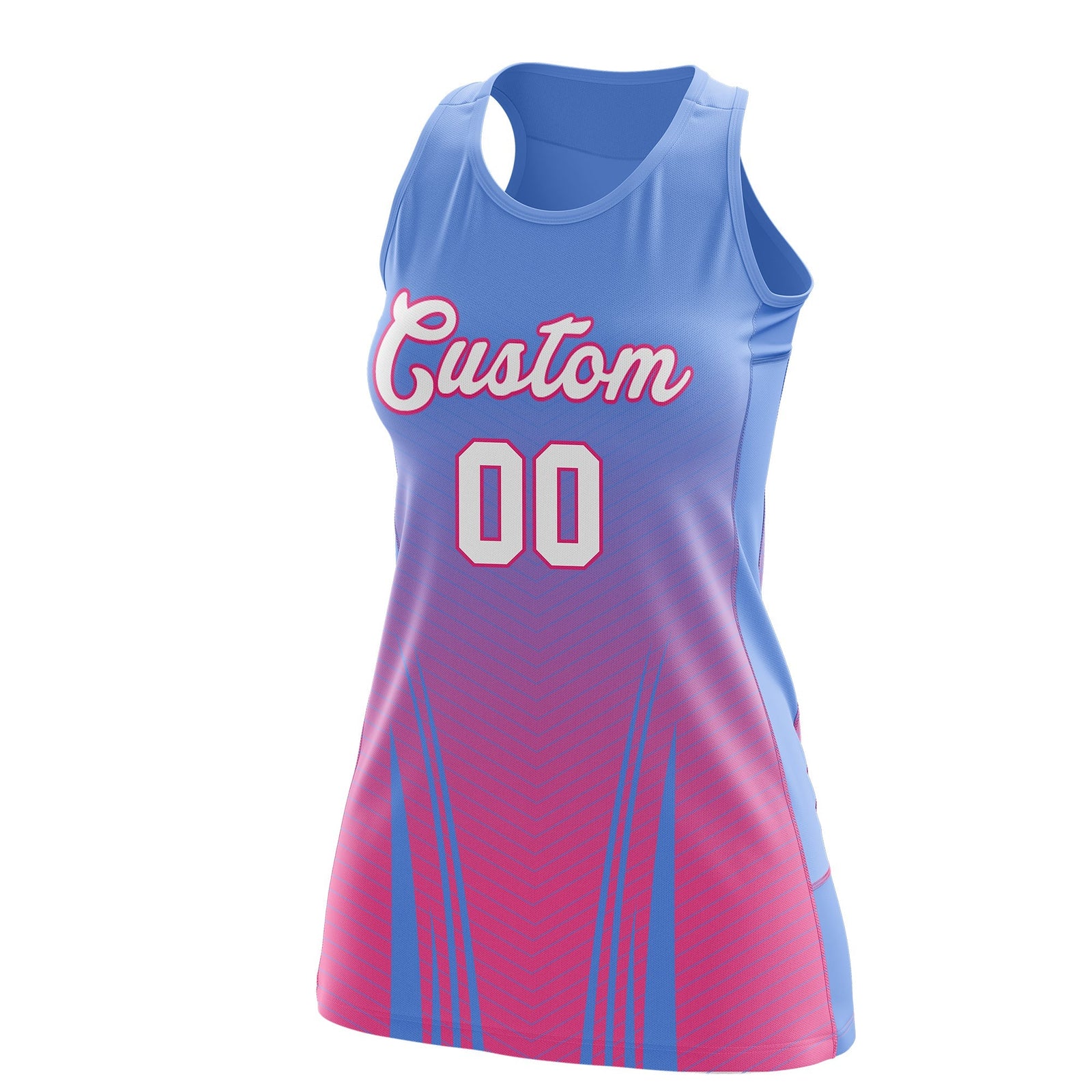 Custom Women Netball Dress | Light Blue Pink V-Shaped Pinstripes Uniform with Name & Number