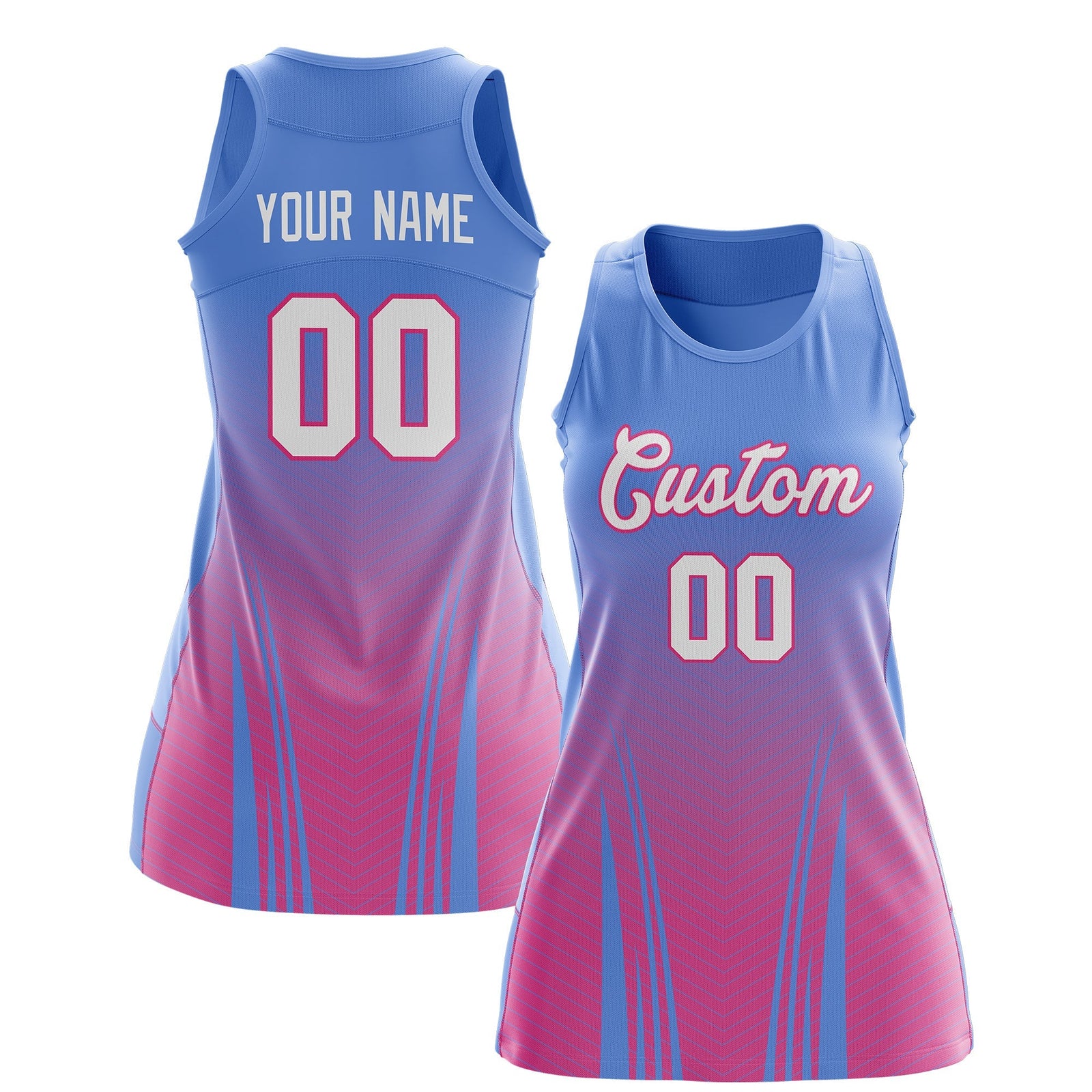 Custom Women Netball Dress | Light Blue Pink V-Shaped Pinstripes Uniform with Name & Number