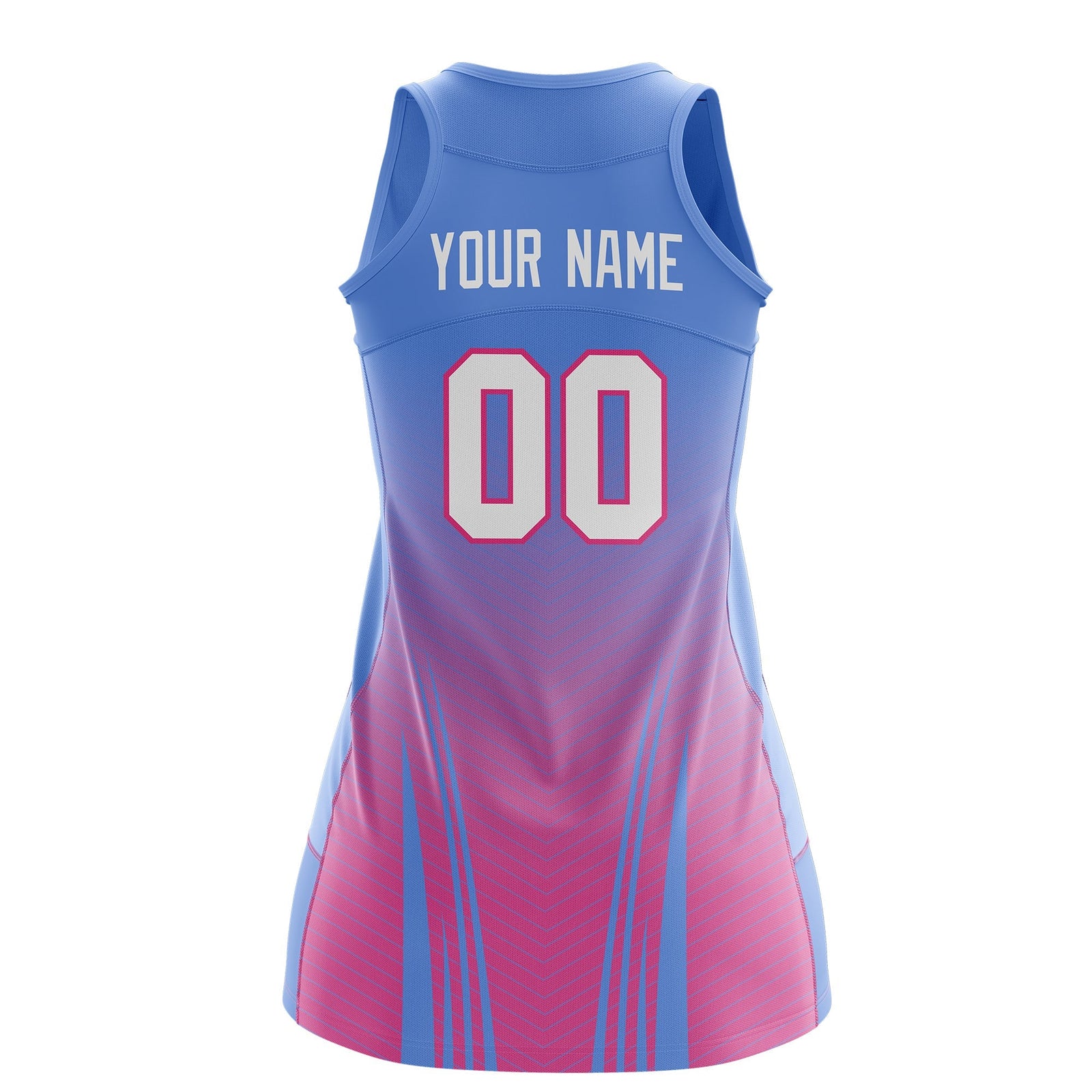 Custom Women Netball Dress | Light Blue Pink V-Shaped Pinstripes Uniform with Name & Number