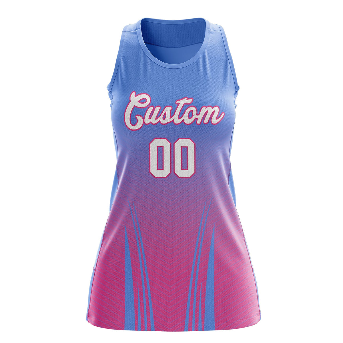 Custom Women Netball Dress | Light Blue Pink V-Shaped Pinstripes Uniform with Name &amp; Number