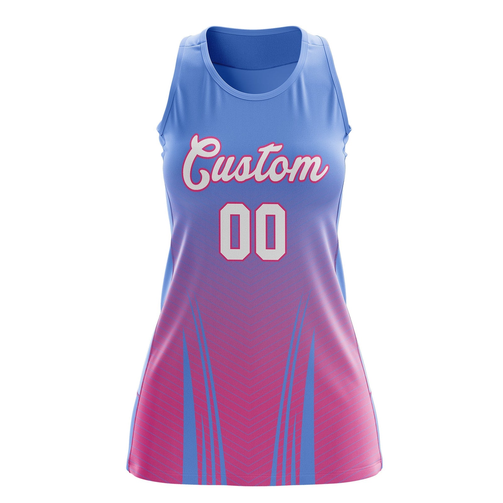 Custom Women Netball Dress | Light Blue Pink V-Shaped Pinstripes Uniform with Name & Number