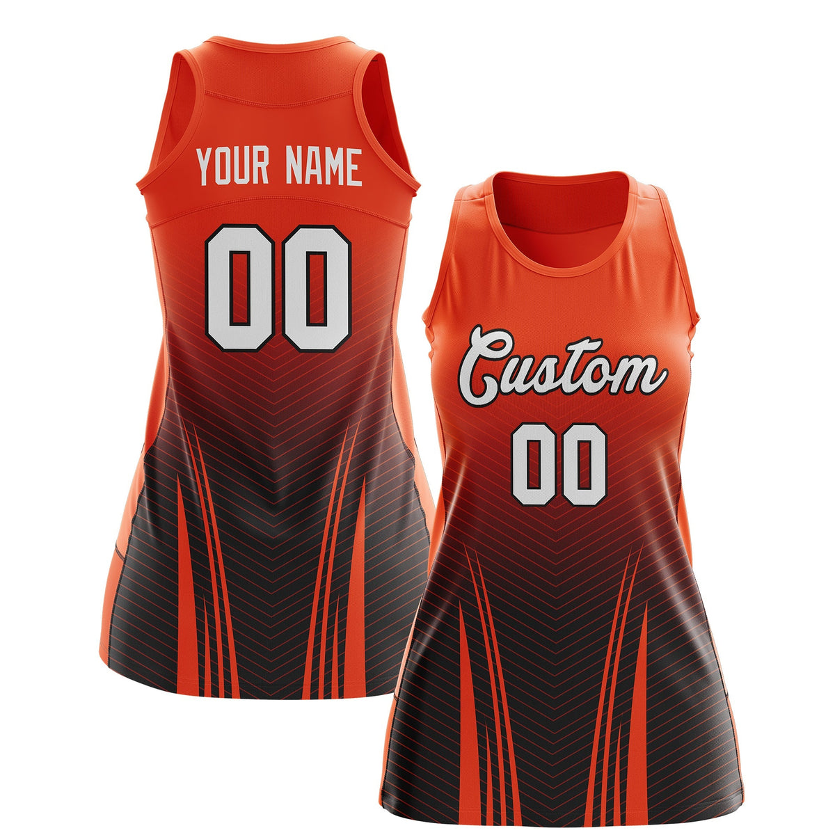 Custom Netball Dress Orange Black for Women with V-Shaped Pinstripes Personalized Team Uniform