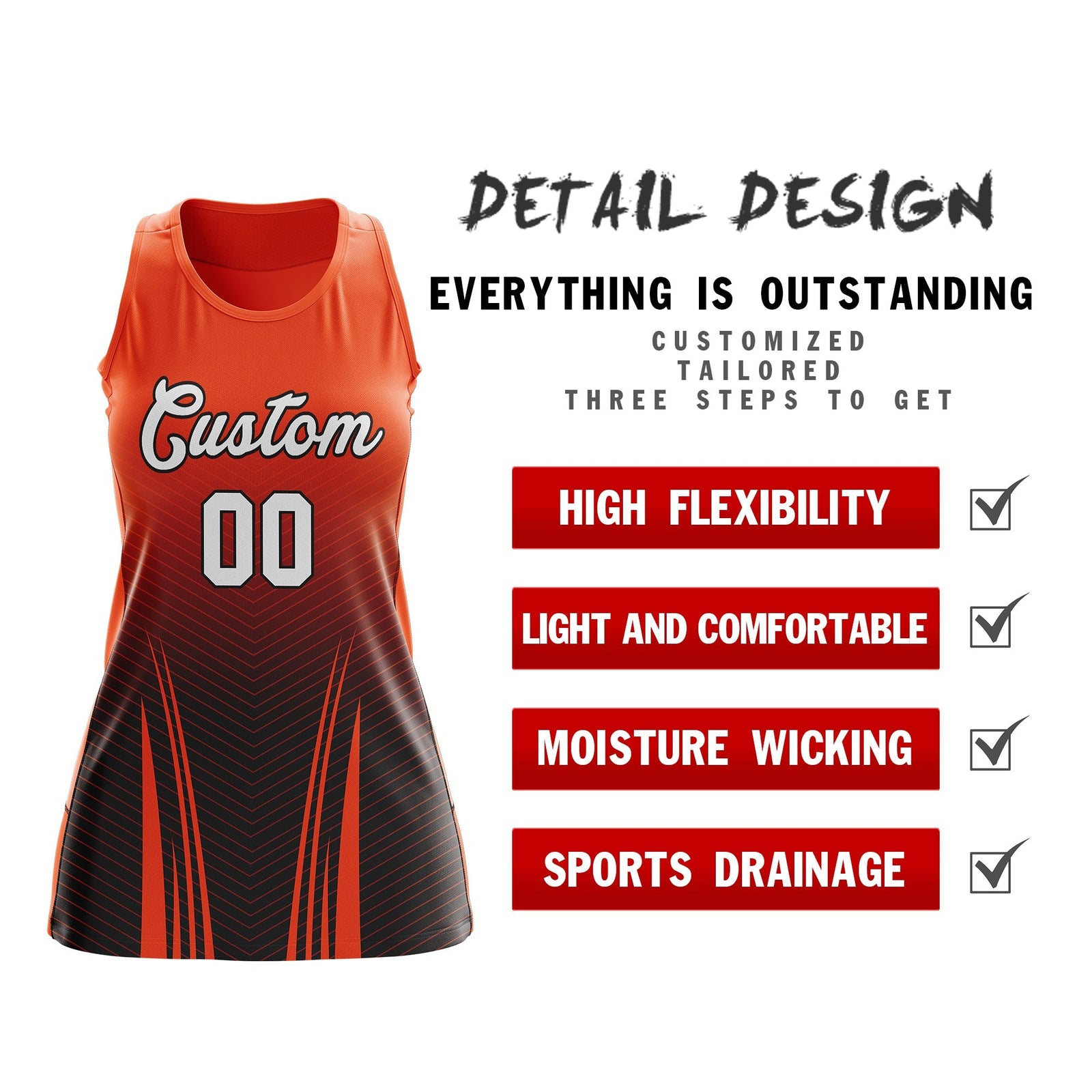 Custom Netball Dress Orange Black for Women with V-Shaped Pinstripes Personalized Team Uniform