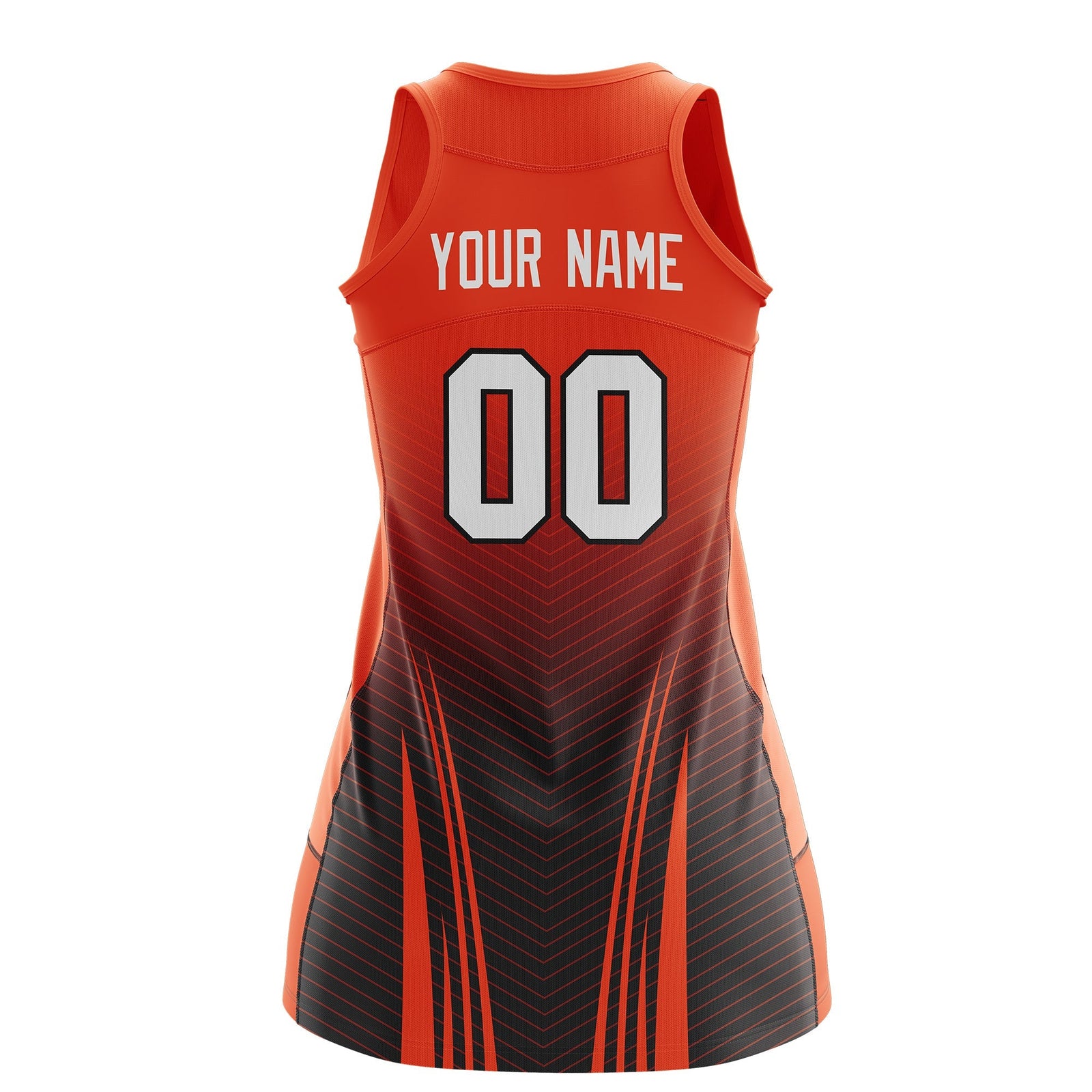 Custom Netball Dress Orange Black for Women with V-Shaped Pinstripes Personalized Team Uniform