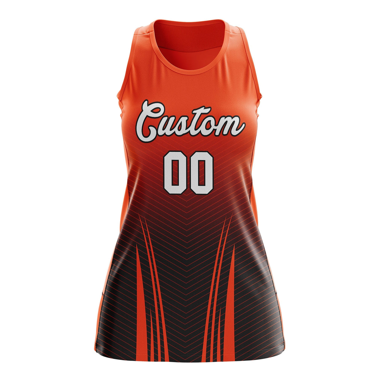 Custom Netball Dress Orange Black for Women with V-Shaped Pinstripes Personalized Team Uniform