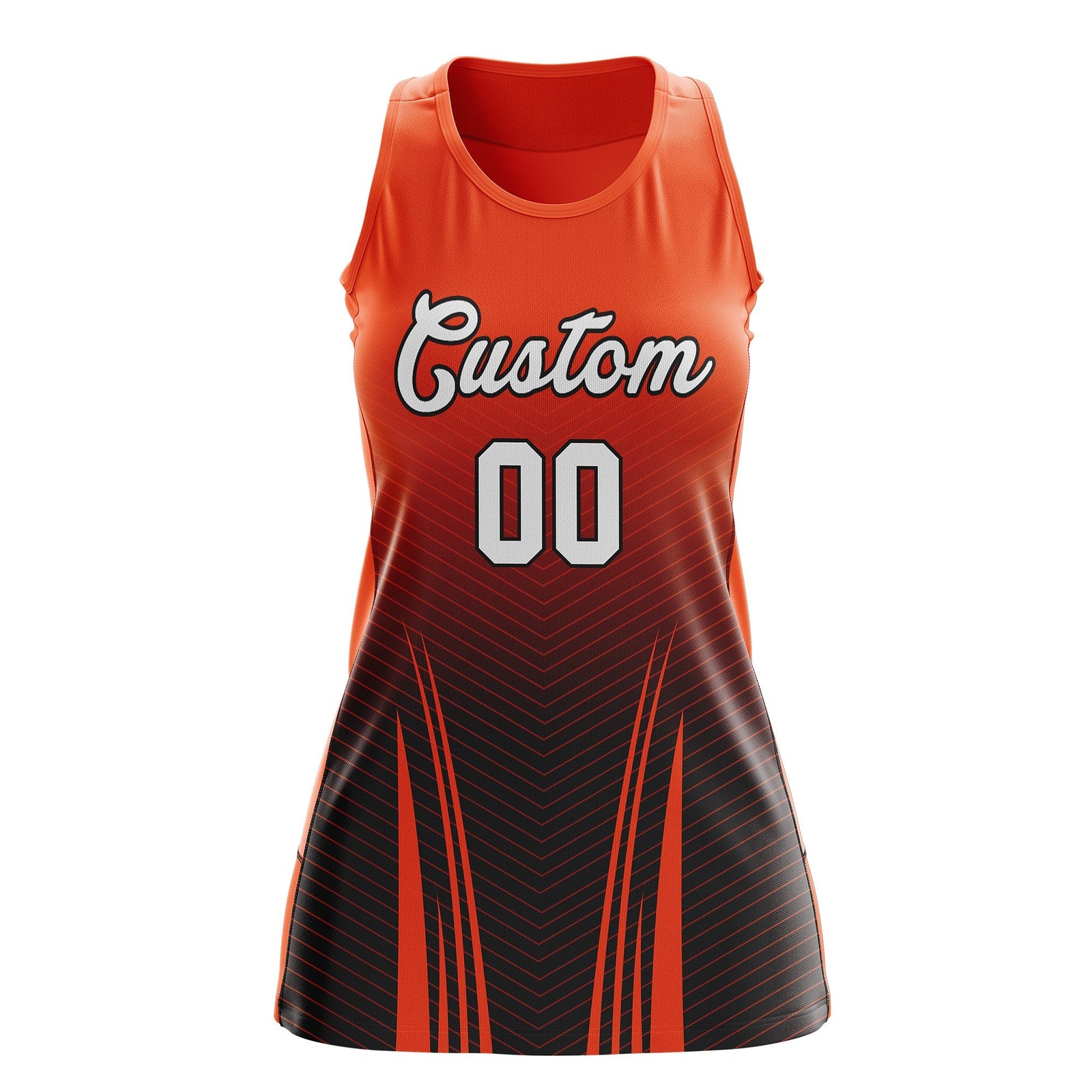 Custom Netball Dress Orange Black for Women with V-Shaped Pinstripes Personalized Team Uniform