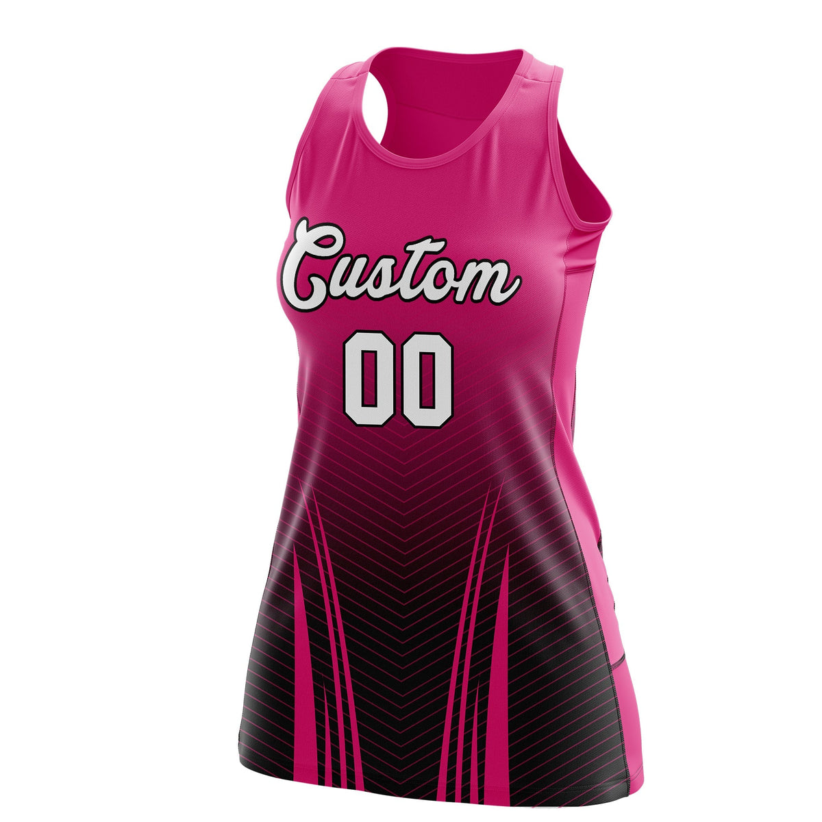 Custom Women Netball Dress | Rose Red Black V-Shaped Pinstripes Uniform with Name &amp; Number