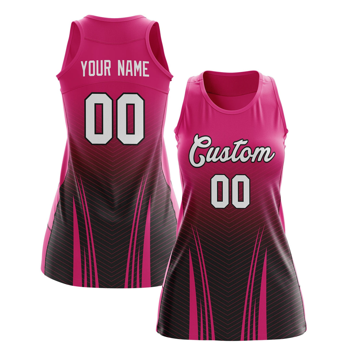 Custom Women Netball Dress | Rose Red Black V-Shaped Pinstripes Uniform with Name &amp; Number
