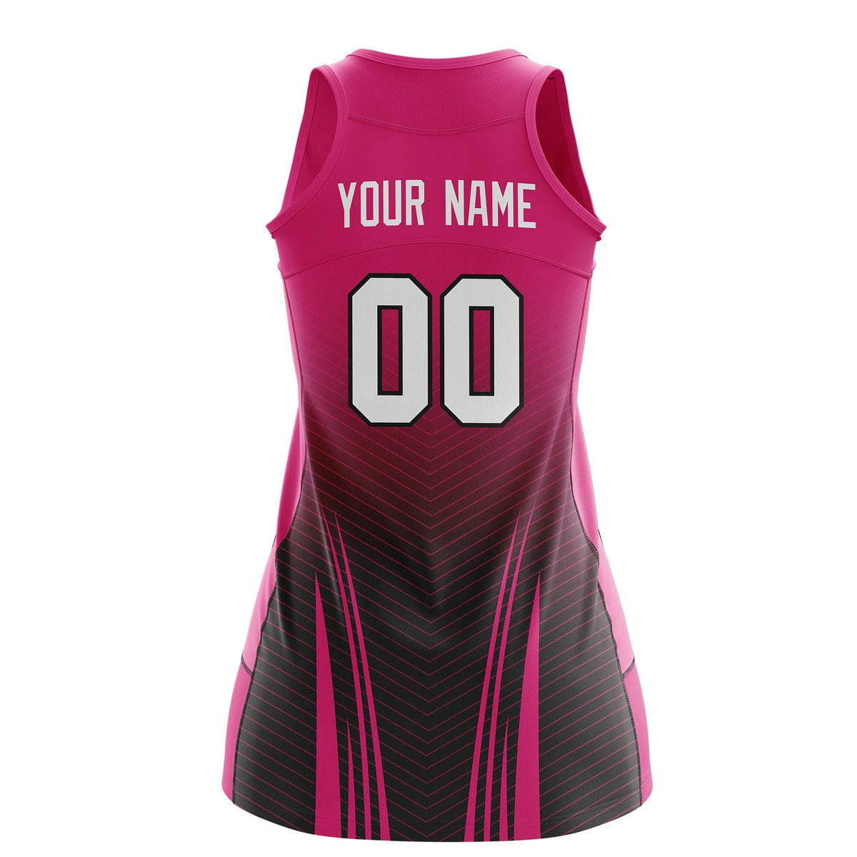 Custom Women Netball Dress | Rose Red Black V-Shaped Pinstripes Uniform with Name &amp; Number