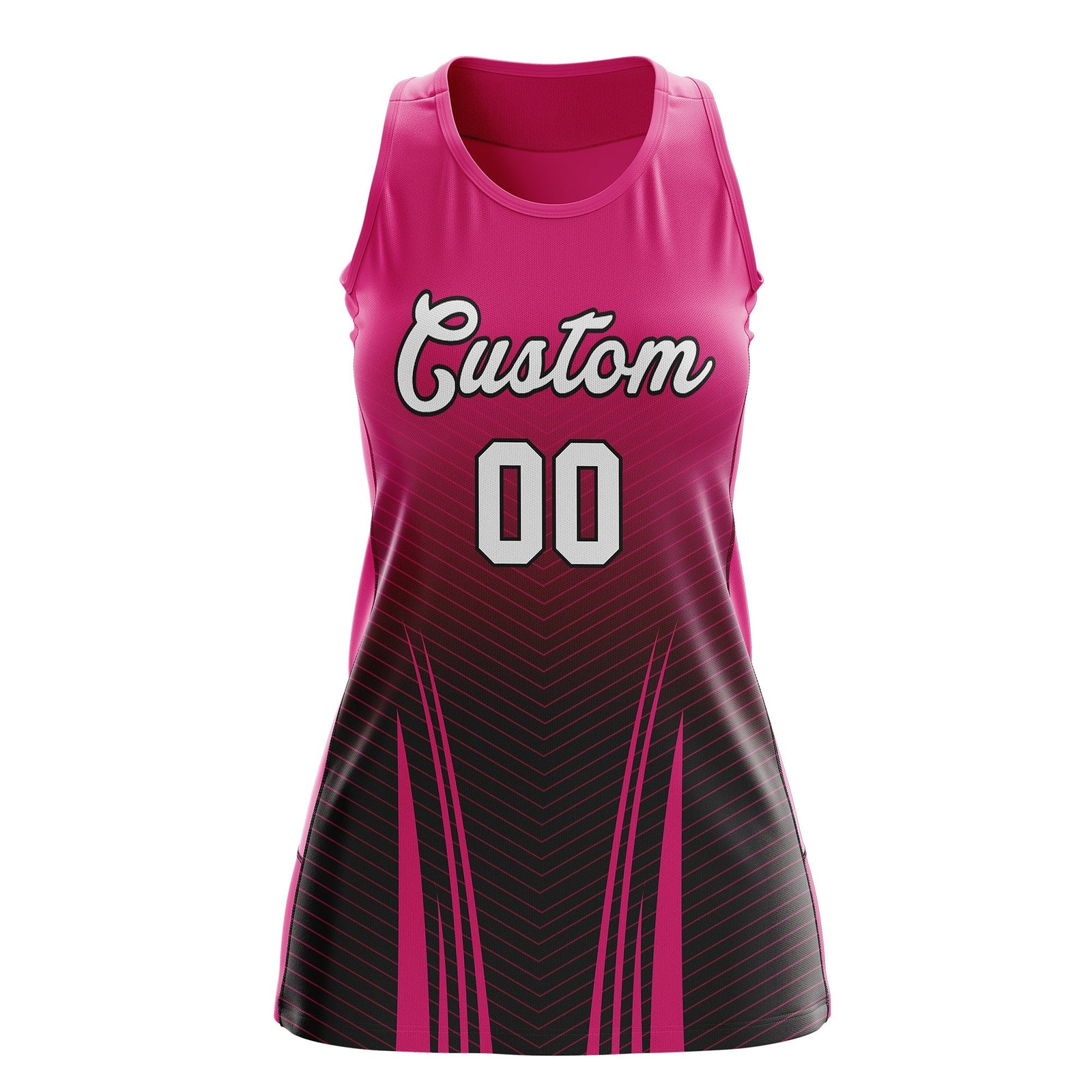 Custom Women Netball Dress | Rose Red Black V-Shaped Pinstripes Uniform with Name & Number
