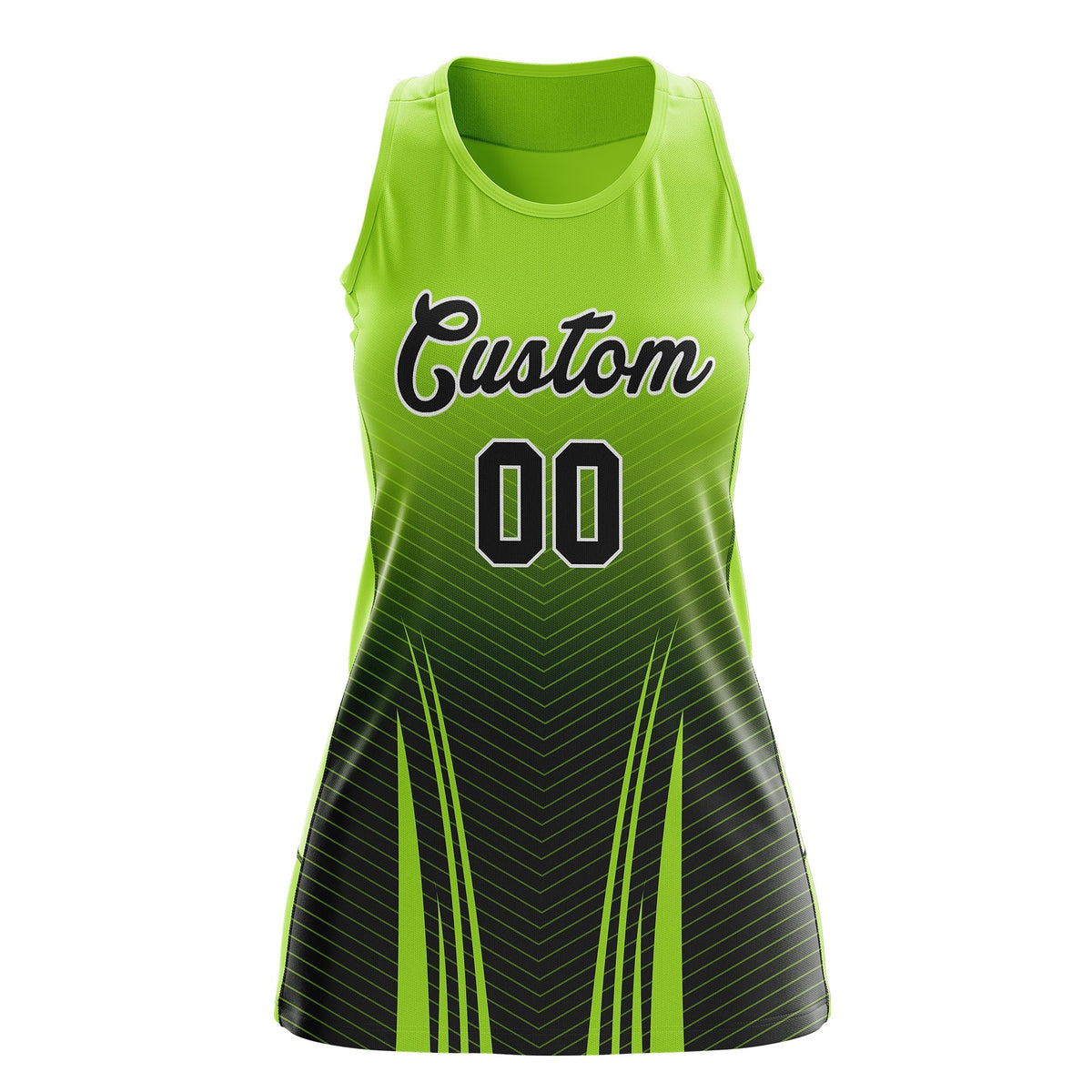 Custom Netball Dress | Neon Green Black V-Shaped Pinstripes Gradient Team Uniform