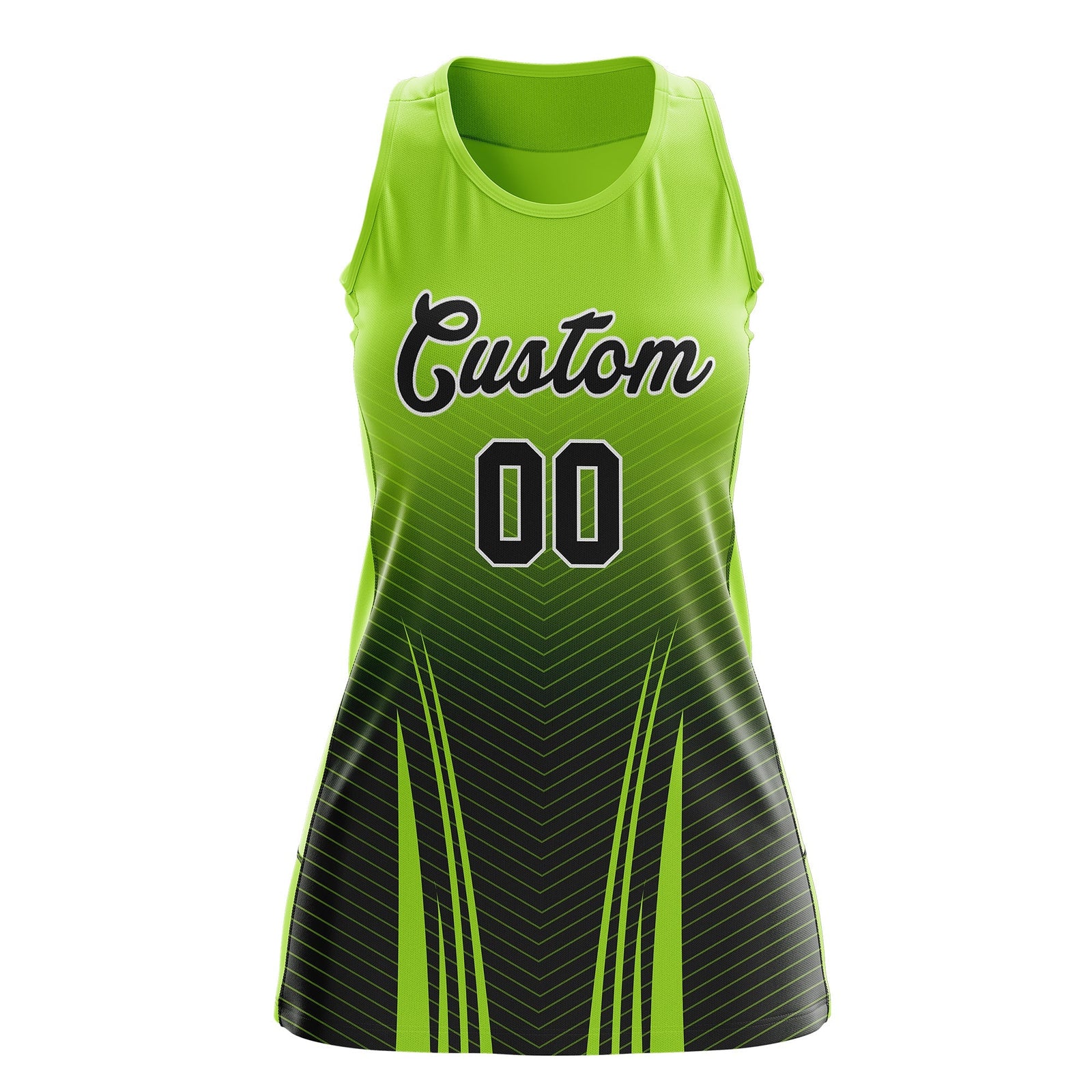 Custom Netball Dress | Neon Green Black V-Shaped Pinstripes Gradient Team Uniform