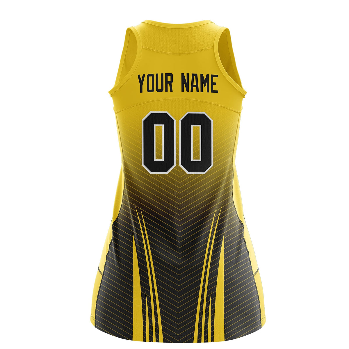 Custom Netball Dress Gold Black for Women with V-Shaped Pinstripes Personalized Team Uniform